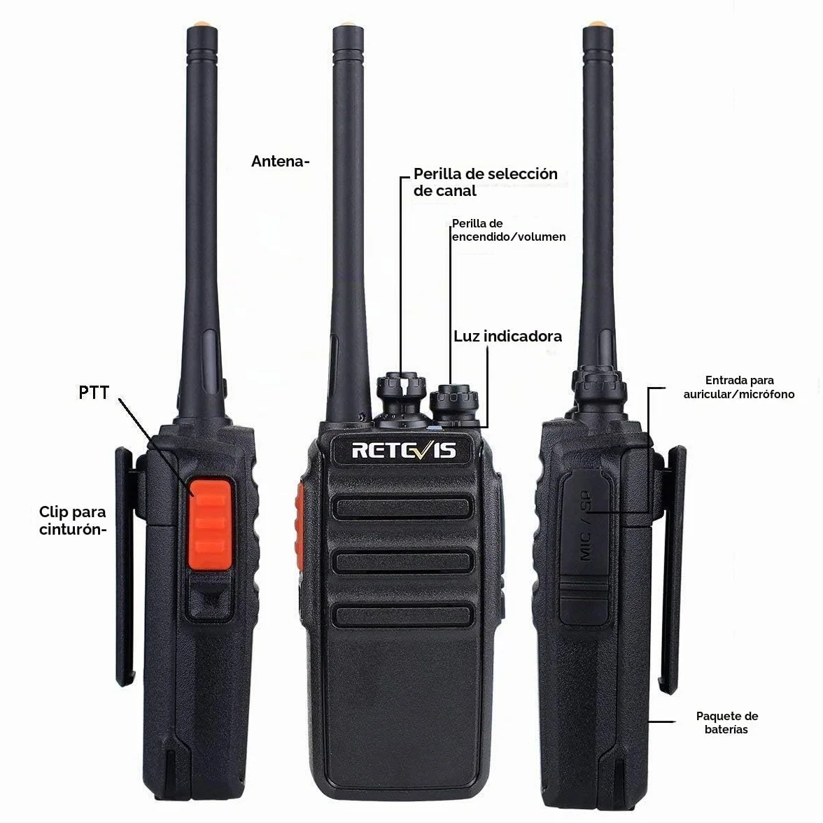 Retevis RT24 Walkie Talkie, Sonido es Claro Walkies Profesionales PMR446 sin Licencia 16 Canales CTCSS/DCS VOX Walkie Talkie con Auriculares y Cargador Europeo, para Adultos (Negro, 1 Par)