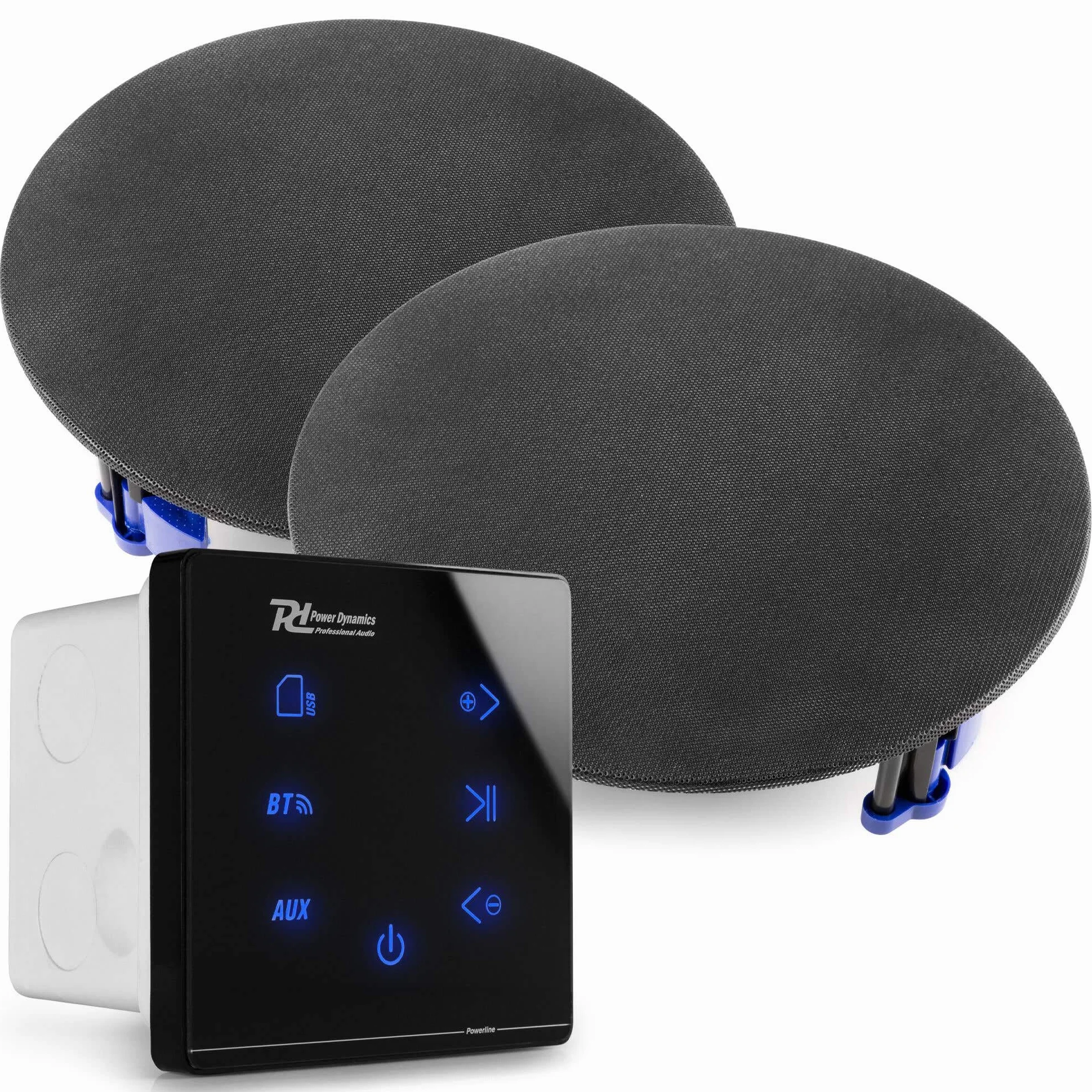 Power Dynamics Powerline A50B - Pack con Amplificador de Pared con Panel táctil, Bluetooth 5.0 y Reproductor MP3 USB/Micro SD, 2 Altavoces de Techo Negros 6,5" y Cables de 10 m incluidos