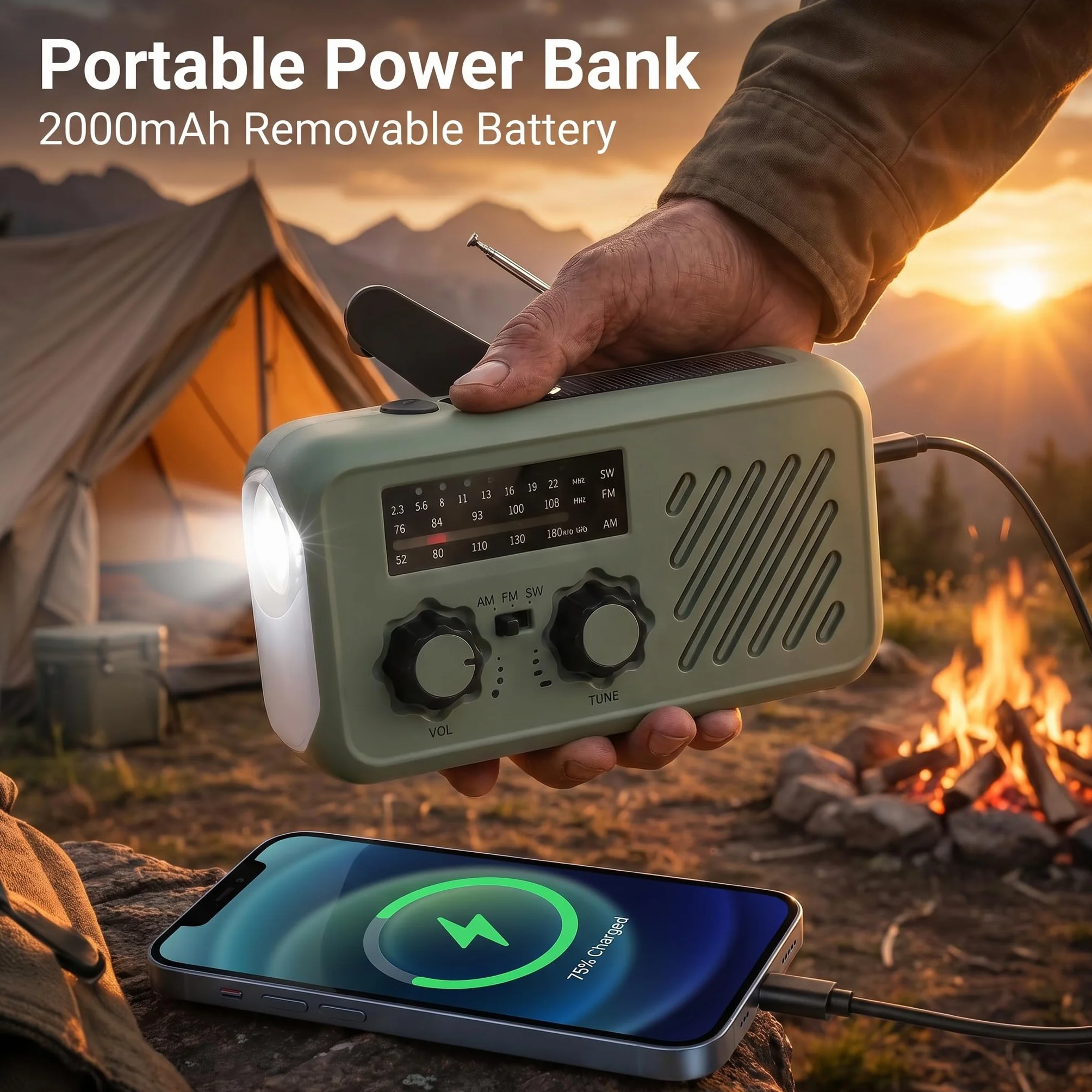 Radio de Emergencia Solar y Manivela, Radio FM/Am Portátil con Linterna LED, Luz de Lectura y Powerbank 2000mAh – Ideal para Cortes de Luz, Camping, Acampada y Regalos para Hombre