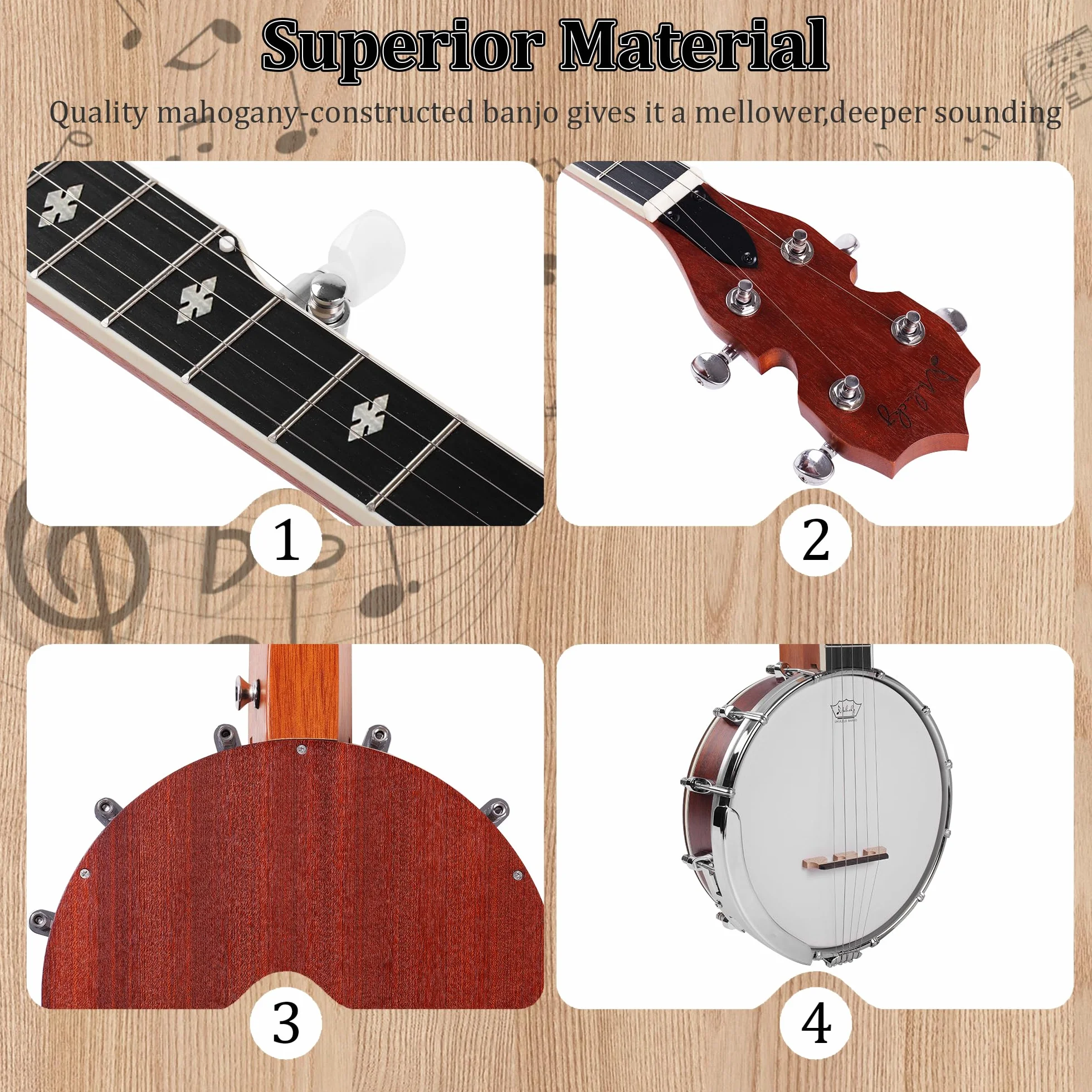 Mulucky Banjo Mini de 5 cuerdas, 66 cm, cuerpo de sapele cerrado, parte trasera sólida, kit para principiantes con bolsa de concierto, correa de cuerdas - B807