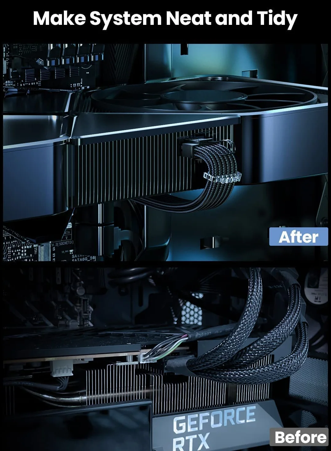 Fasgear PCI-e 5.0 Cable de extensión, 16Pin (12+4) macho a PCI-E 5.0 4x8 (6+2) Pin cable de extensión de manga hembra,40cm 12VHPWR Cable compatible para GPU GeForce RTX 3090Ti 4080 4090 5090 (Negro)