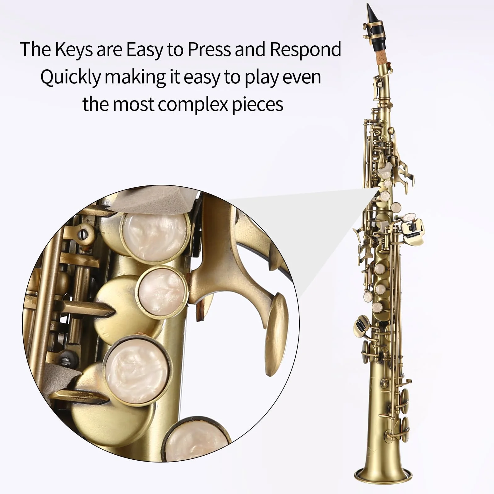 HUIOP Saxofón,Saxofón soprano Bb recto de latón profesional,saxofón niquelado,instrumento de viento de madera,patrón tallado con estuche de transporte,boquilla,kit de limpieza de caña,guantes,correas,