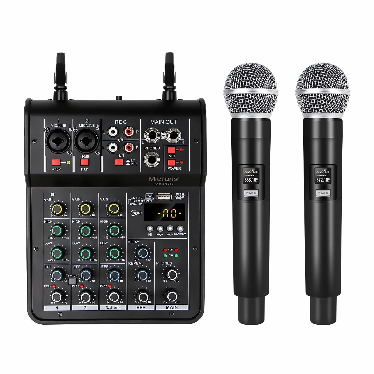 M4pro - Mezclador de audio, mezclador de 4 canales con micrófono inalámbrico dual, consola de placa de sonido, MP3, Bluetooth, 48 V, alimentación fantasma, USB, mezcla de DJ para el hogar,