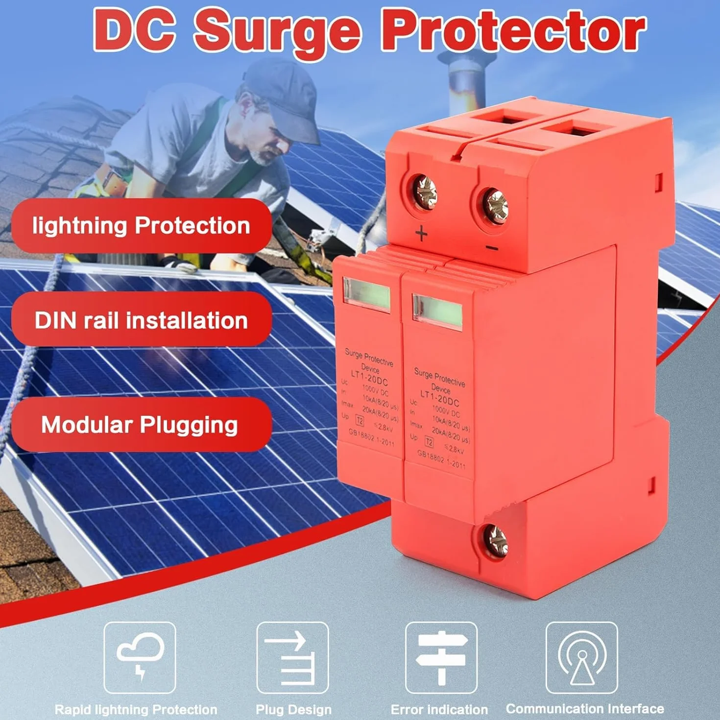 DEWIN Dispositivo Descargador, DC 1000V Dispositivo Descargador de Bajo Voltaje de Protección contra Sobretensiones Domésticas 2P 10KA~20KA