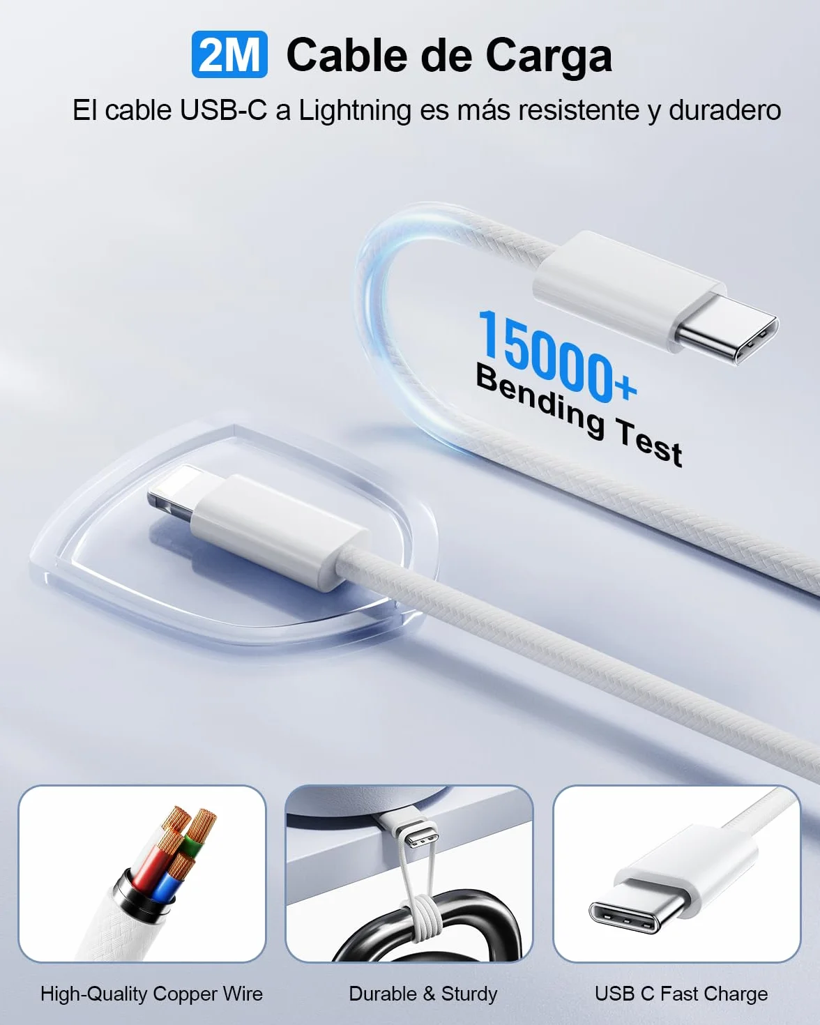 Cargador Carga Rápida 25W USB C para iPhone 14/14 Pro/14 Pro Max/14 Plus 13 12 11 SE XR X XS 8 7 con Cable 2M Blanco
