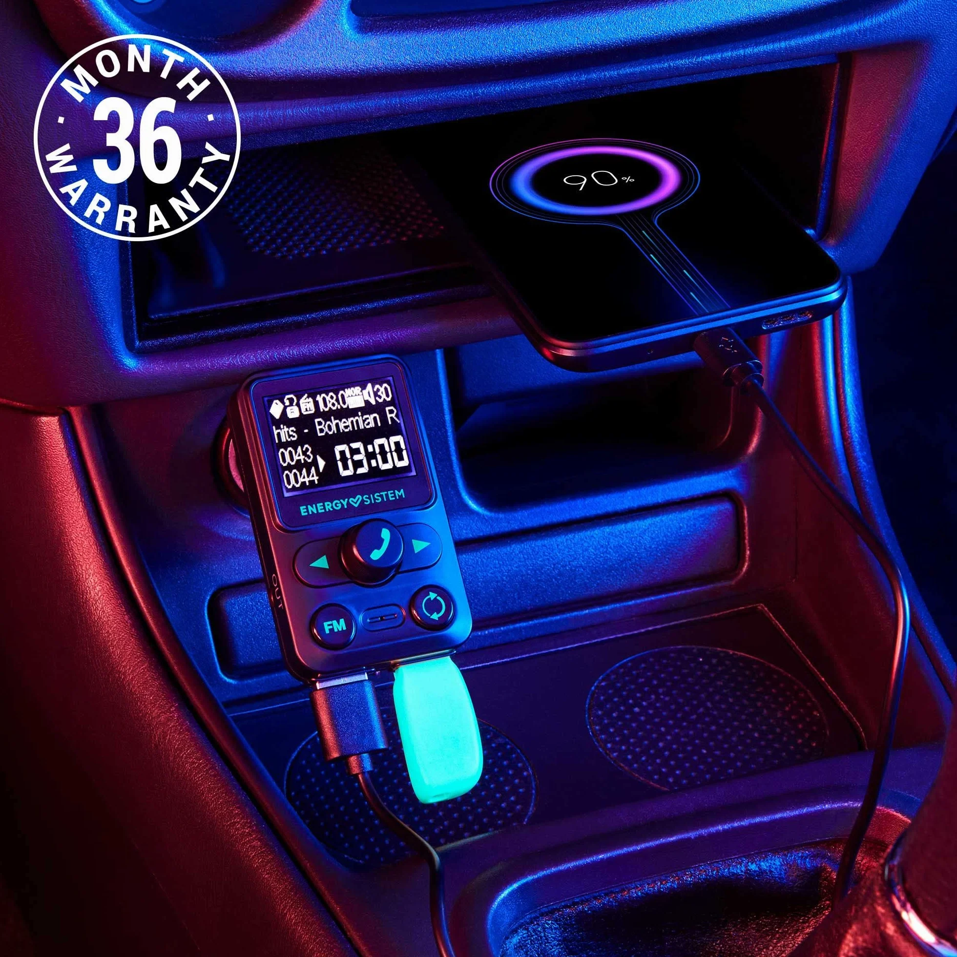 Energy Sistem Car Transmitter FM Xtra - Transmisor FM para Coche con LCD 1,4", Bluetooth, microSD, Quick Charge, USB MP3, Negro