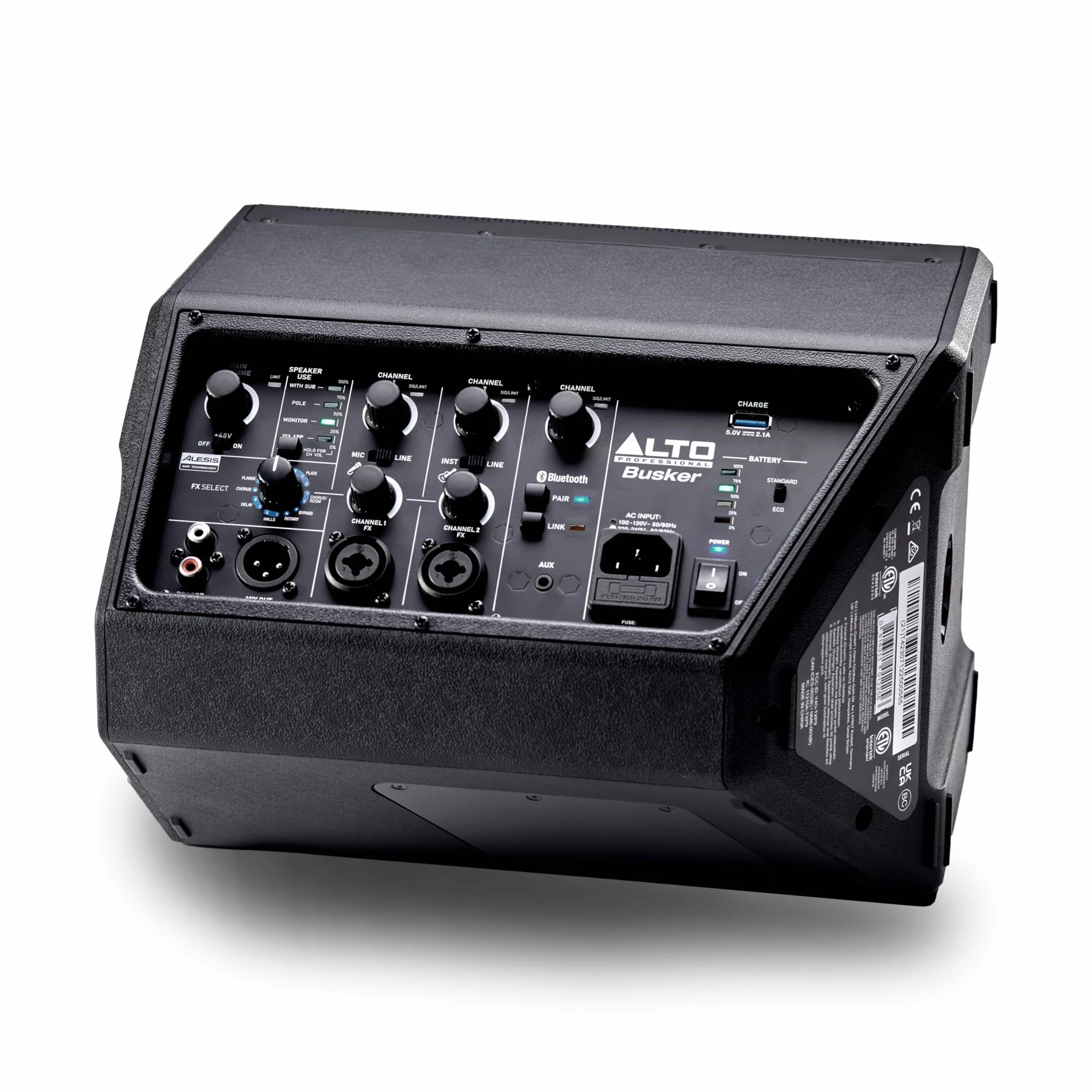 Alto Busker Altavoz Autoamplificado Portátil Grande de 200W con Bluetooth, Batería Recargable, Mesa de Mezclas 3 Canales, Alesis FX, App, Carga USB