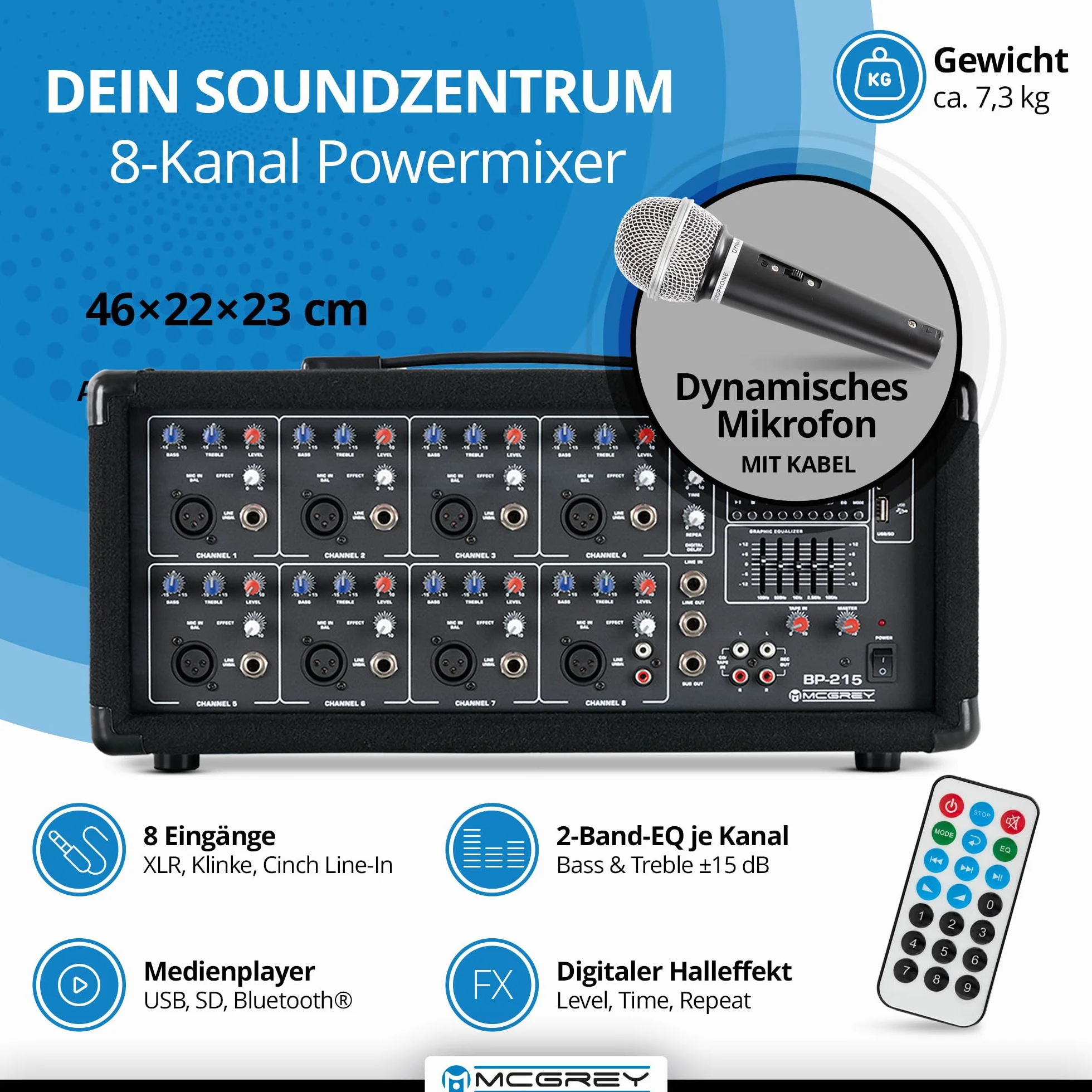 McGrey BP-215 Bandpack PA: Mezclador 8 Canales, Reverb Digital, Bluetooth, USB/SD, Altavoces 2 vías con woofer 15", Incluye micrófono, Soportes, Cables, 150W.