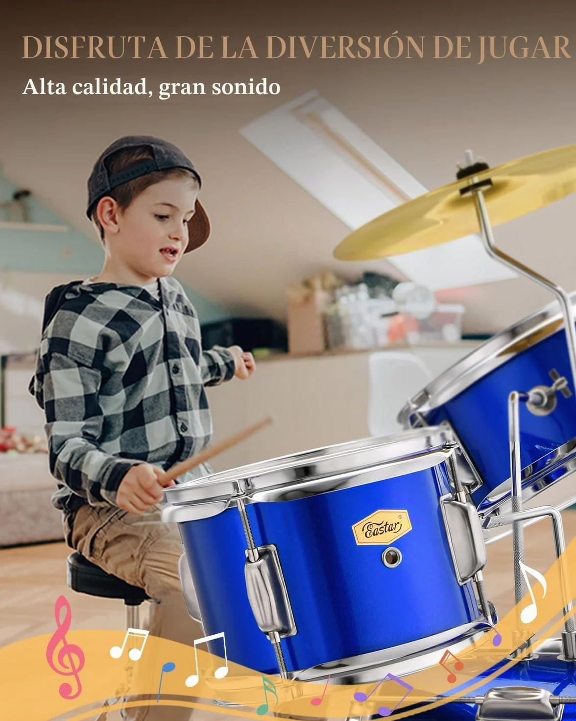Eastar Batería Junior de 3 Piezas 14 Pulgadas, Juego de Batería para Niños con Trono, Platillo, Pedal y Baquetas, Azul EDS-180Bu