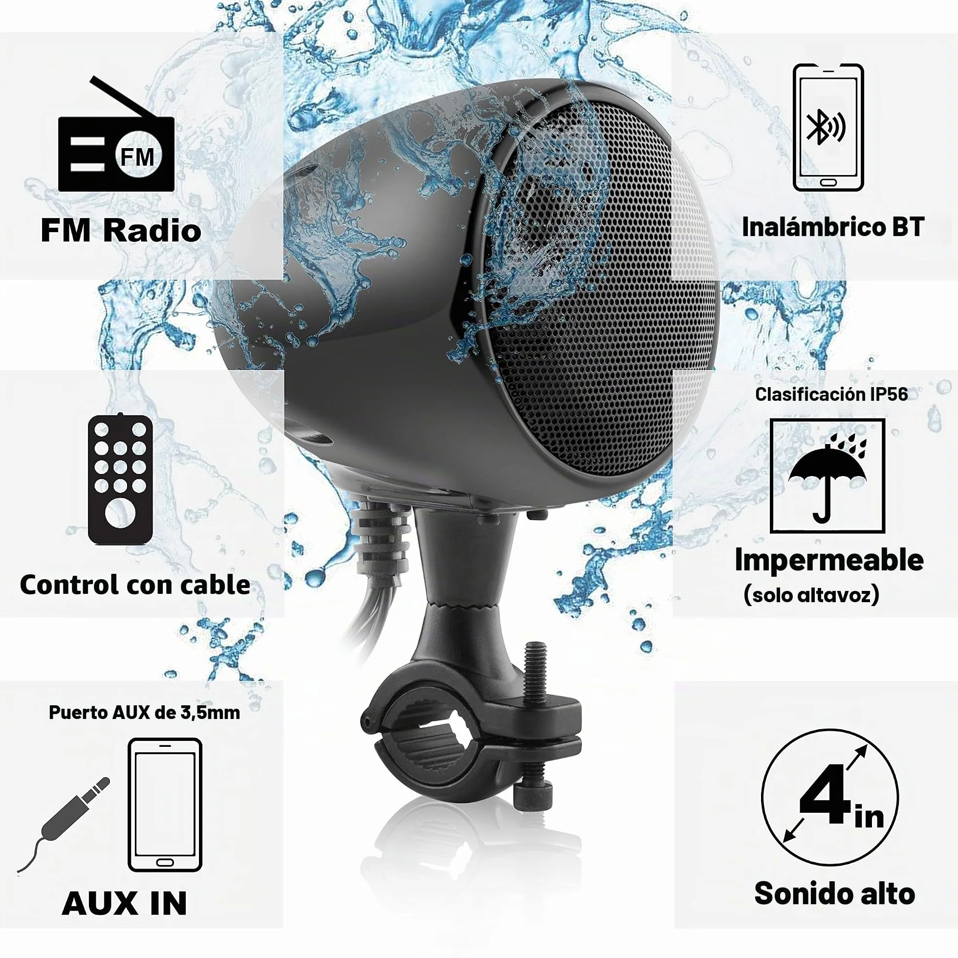 iMESTOU Amplificador de Motocicleta Sistema de Audio con AUX, MP3, Radio FM, 4 Pulgadas Rango Completo Impermeable Bluetooth Altavoces estéreo, Apto para Manillar de 1 a 1.5 Pulgadas, Motocicletas