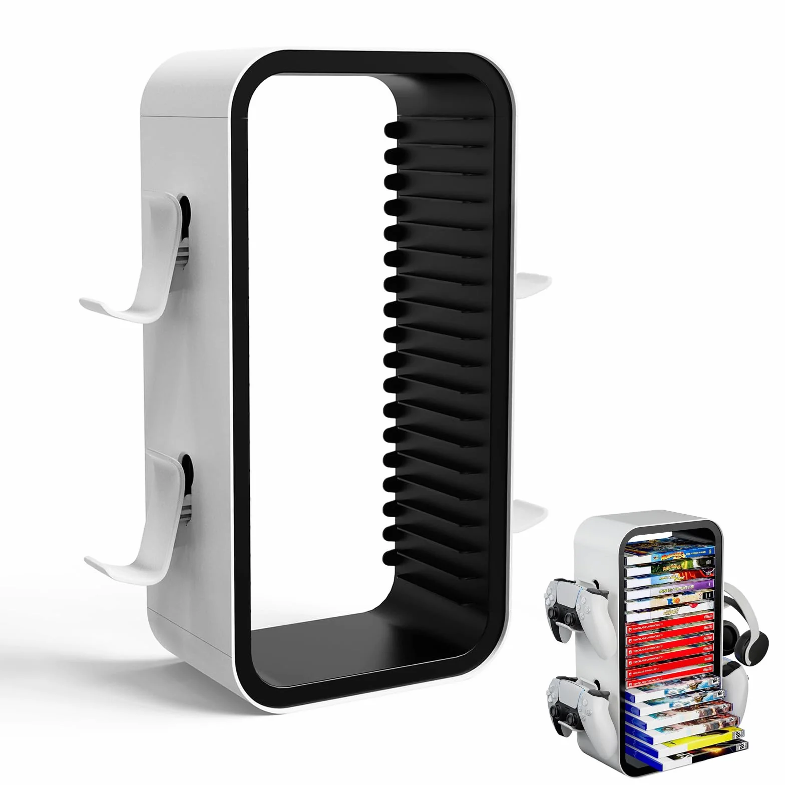 Soporte para Discos de Juego, Torre de Almacenamiento de Juegos Compatible con P5 Xbox Series S Y X Soporte de Torre de Almacenamiento de Juegos para 18 Discos Juego con 4 Soportes para Controladores