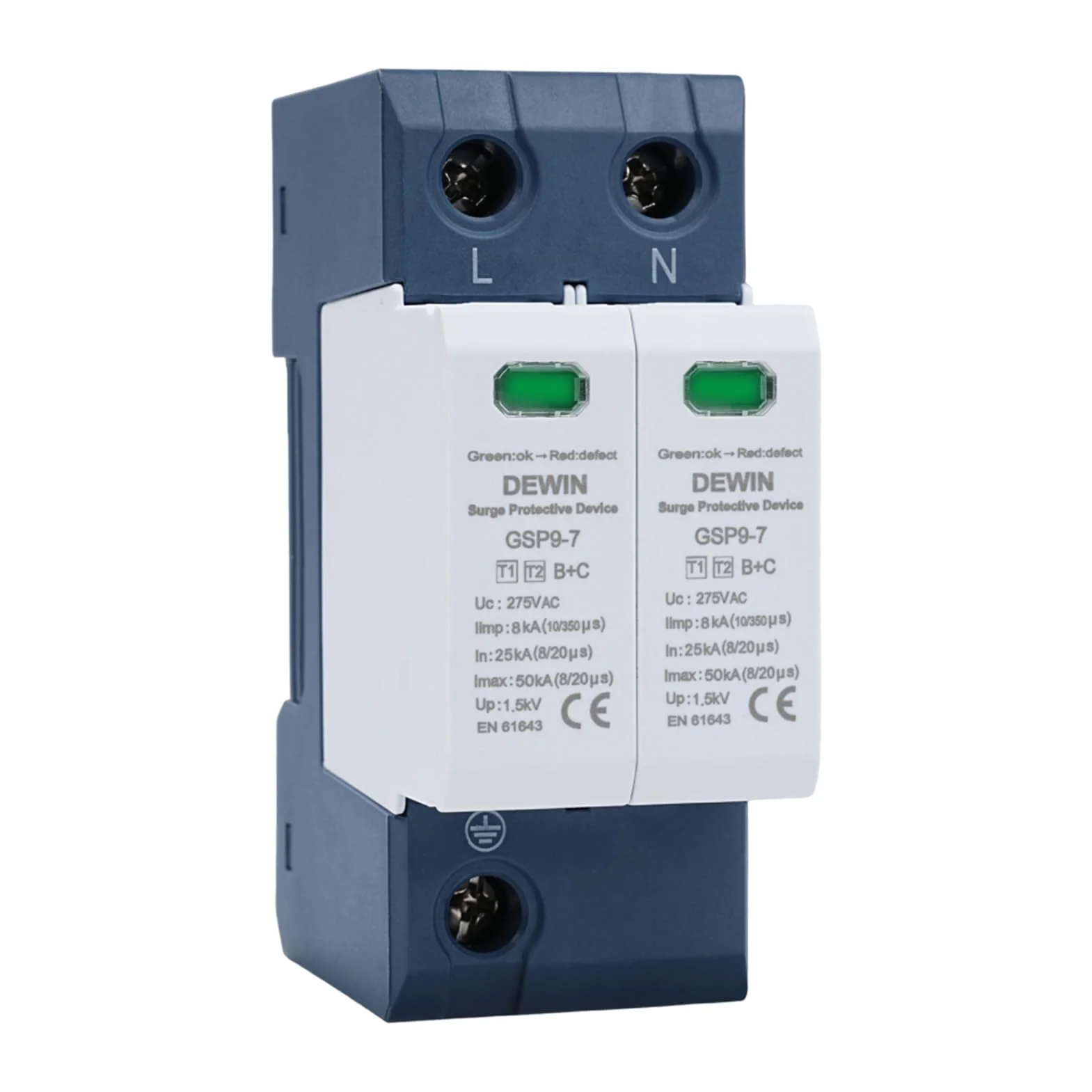 DEWIN Protector Sobretensiones 2P 40KA 275VAC Dispositivo de Protección contra Sobretensiones, Proteccion Sobretensiones Permanentes y Transitorias Protector Sobretension (T1+T2)
