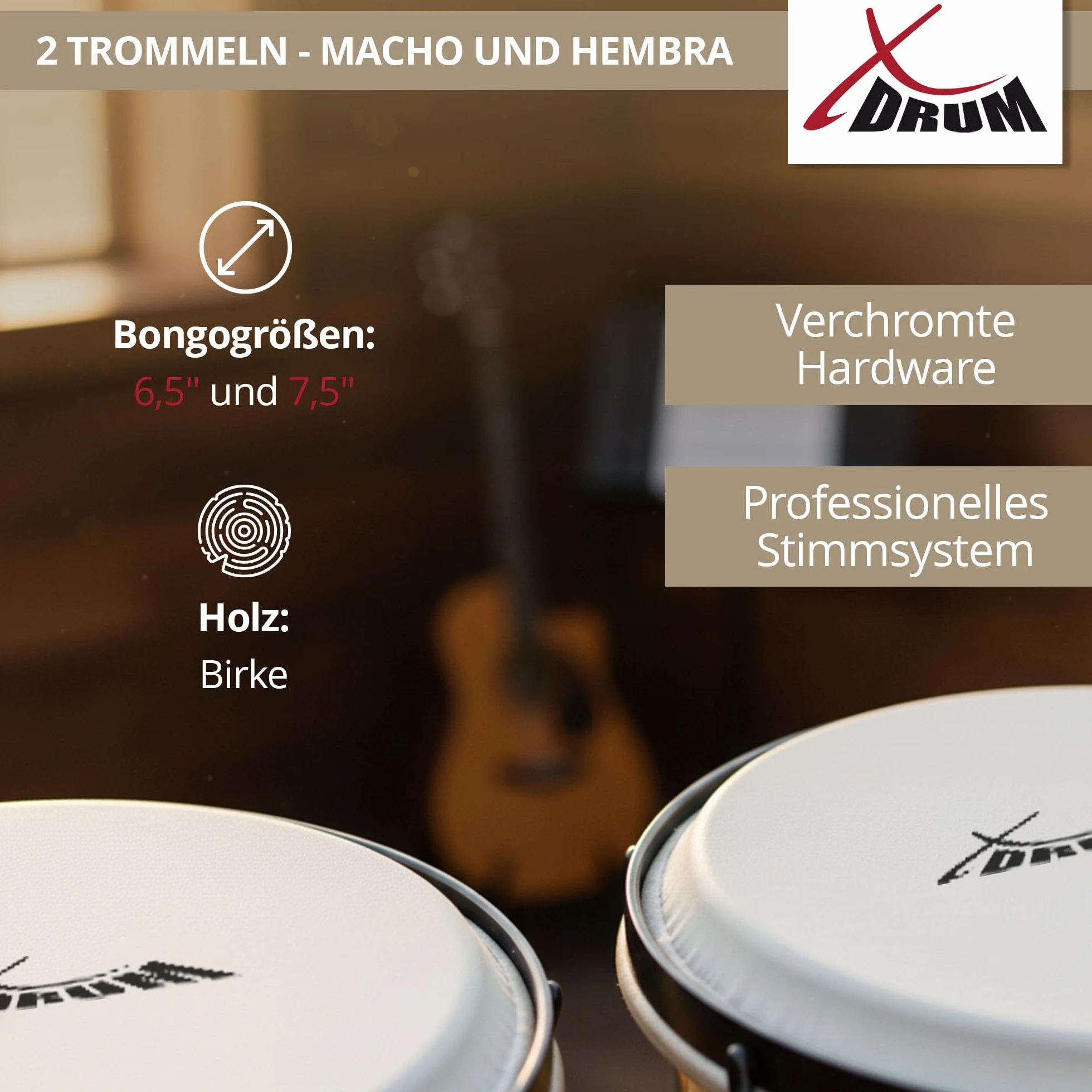 XDrum Bongos Pro Natur - 2 tambores con diámetros de 6,5" (17 cm) y 7,5" (20 cm) - Bongos con parches naturales afinables, llave de afinación y soporte - Tambores de madera en color natural