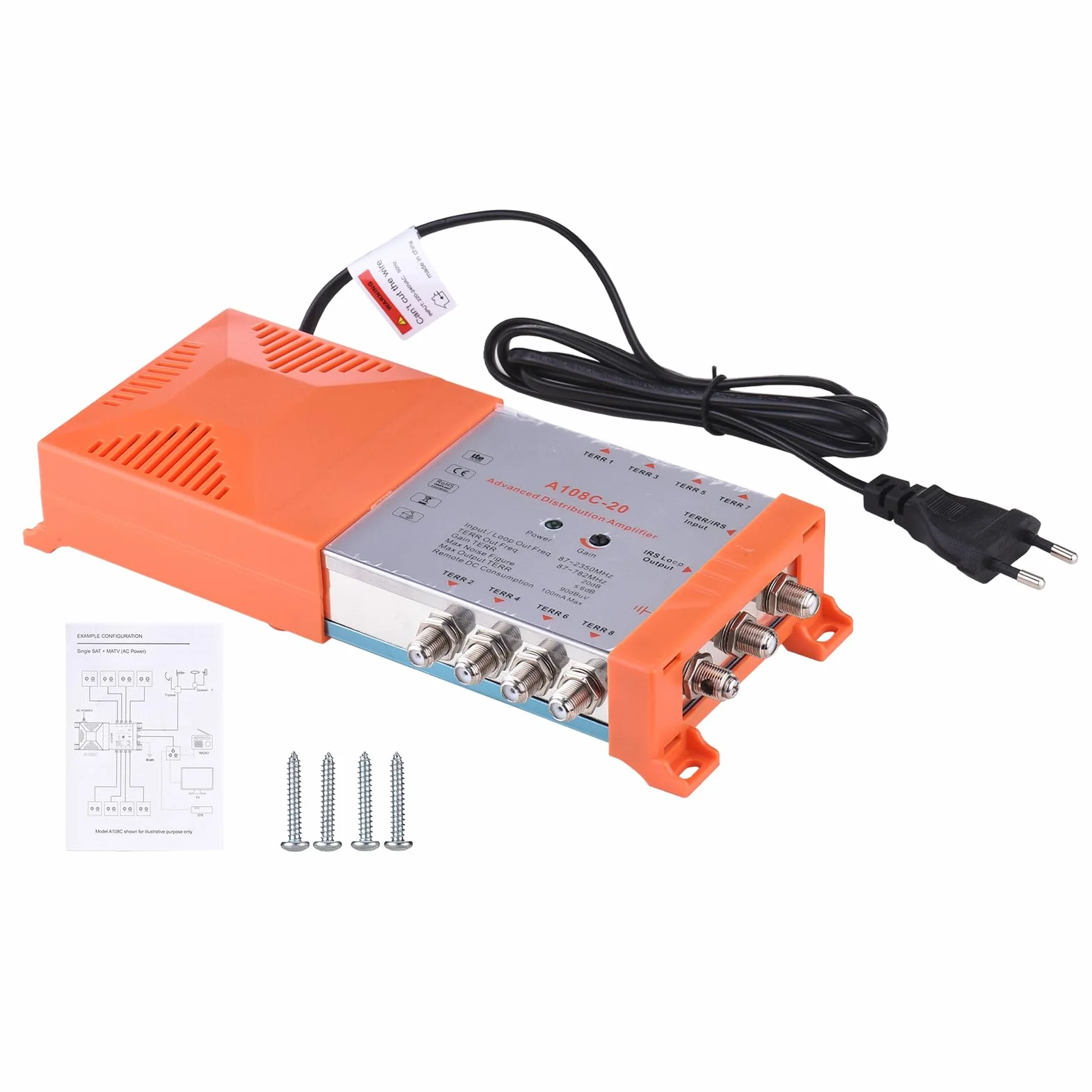 Weytoll Amplificador de Distribución de 8 Vías para Señales de TV y Radio Terrestres – Sistema MATV/Sat Interior con Bucle IRS, Ganancia de 20 dB, Bajo Ruido, Filtro 4G, Montaje en Pared