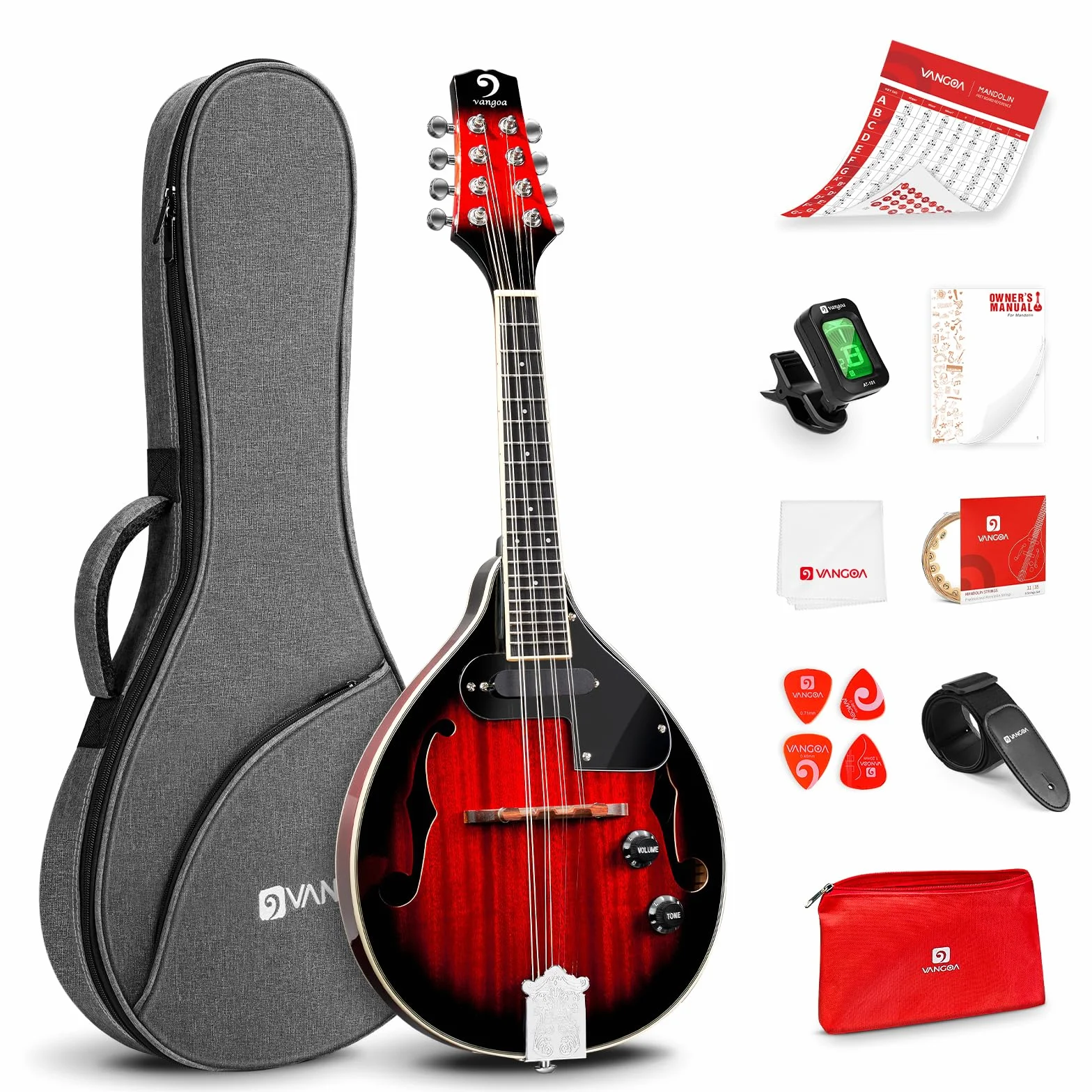 Vangoa Mandolina Eléctrica Acústica de Estilo A Instrumento de Mandolina para Principiantes Caoba Rojo con Bolsa de Concierto, Púas, Correa de Sintonizador de Cuerdas