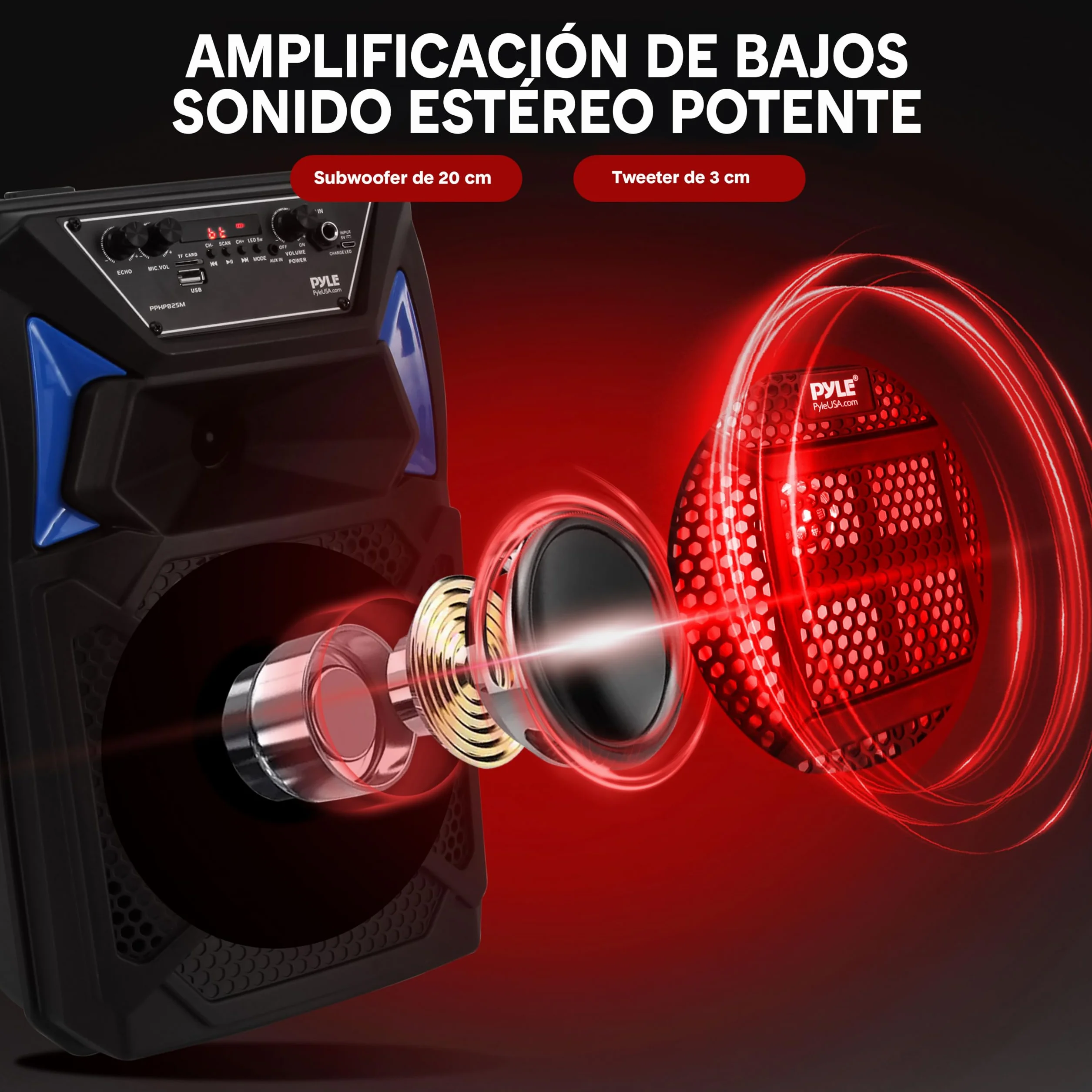 Pyle Sistema de Altavoces, PA, 400W, Bluetooth, Portatil, con microfono, Luces, Lector de Tarjeta USB SD/MP3, Radio FM, Ruedas, Mando a Distancia
