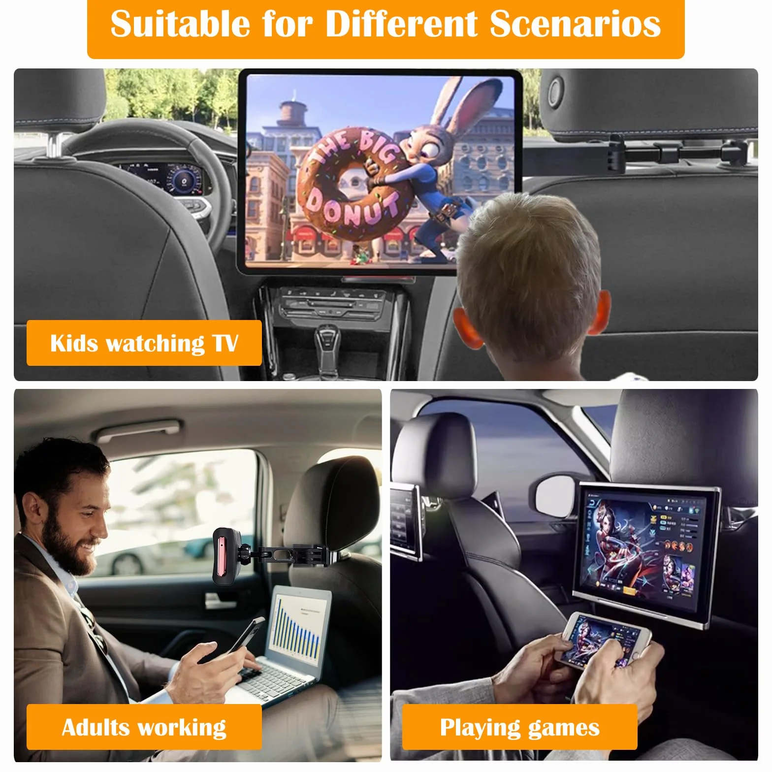 Soporte Tablet Coche Asiento Trasero, Soporte para Tableta en el Reposacabezas con Brazo Telescópico, Rotación 360°, Compatible con iPad, Switch, Móviles 4.7-13 Pulgadas, Negro