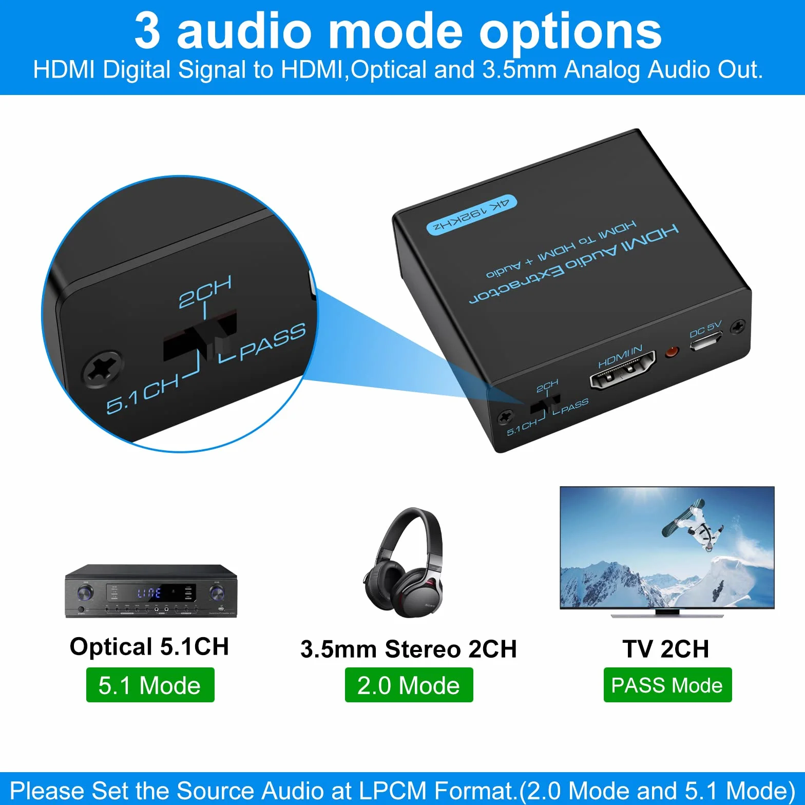 VEDINDUST HDMI Audio Extractor 4K Splitter Toslink SPDIF 3.5mm Audio Adaptador DTS PCM PS4 PS5 Xbox