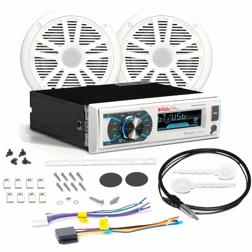 Kit Set Marino para Boss Audio Systems MCK632WB.6 con Receptor estéreo Bluetooth Am/FM MR632UAB, un par de parlantes MR6W, 90 vatios rms 180 vatios máximo, Antena dipolo MRANT10, 1 Kit + Accesorios