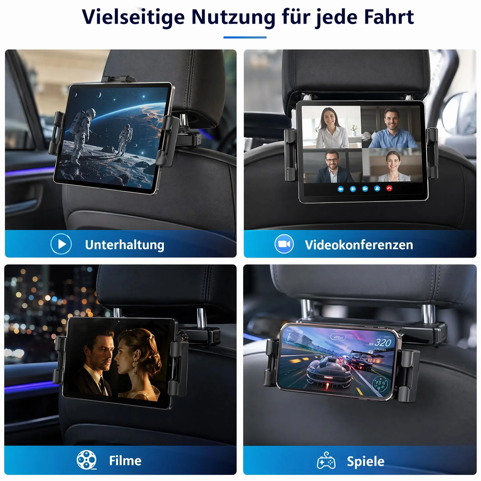 Soporte para tablet de coche, soporte para reposacabezas de coche, soporte estable para smartphone, tablet de 4,4 a 14 pulgadas, giratorio 360°, seguro, sin obstrucciones visuales, para el