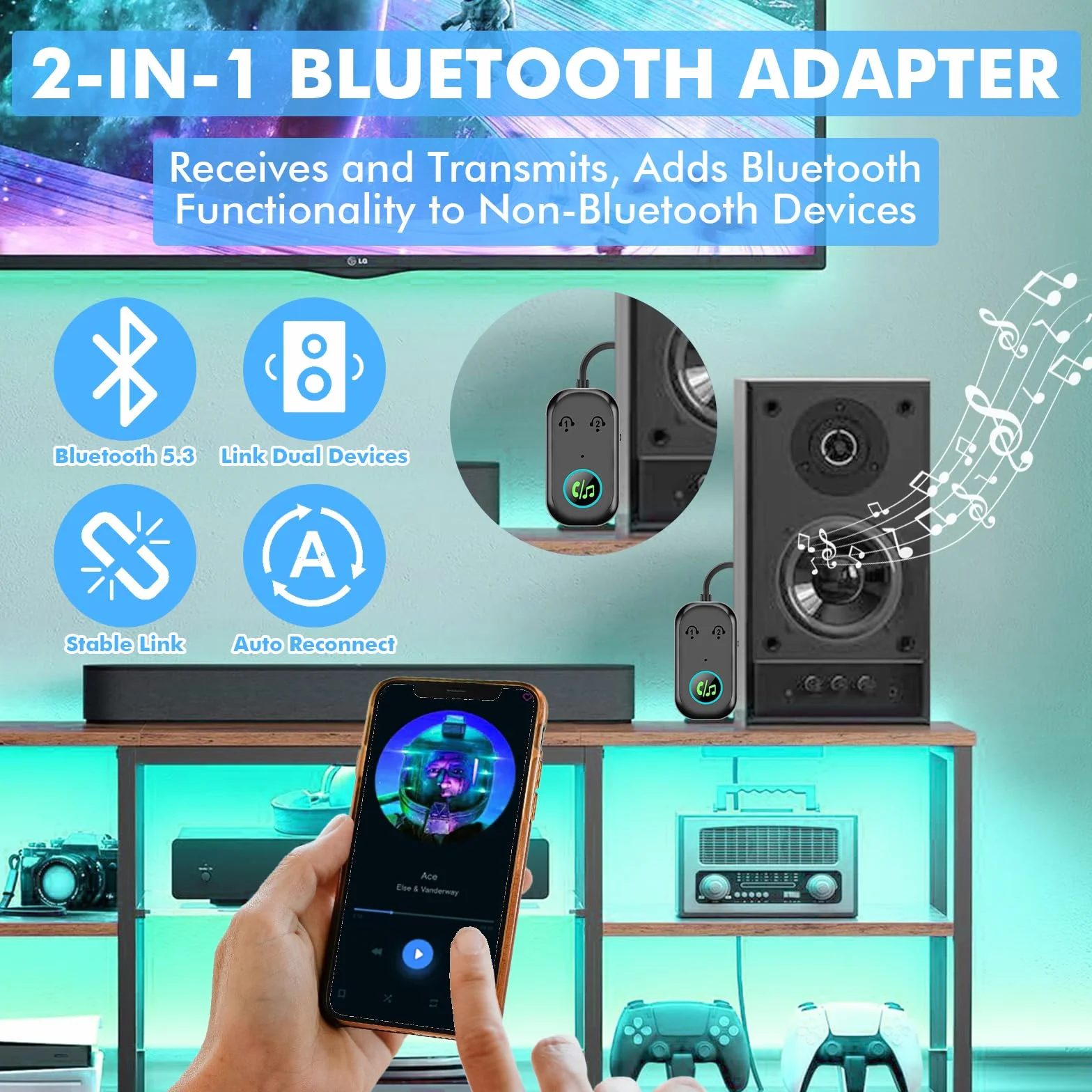GIBOHOM Transmisor Bluetooth 5.3, Transmisor Receptor Bluetooth 2 en 1 Admiten 2 Auriculares, Adaptador Bluetooth Enchufe AUX de 3.5 mm para TV, Teléfonos Móviles, Sistemas de Sonido, Gimnasio