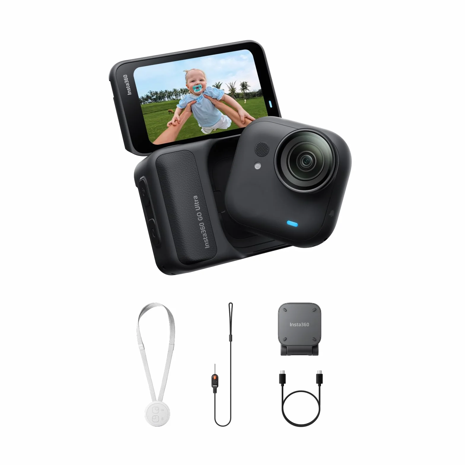 Insta360 GO Ultra Negro- Pequeña cámara vlog 4K, Manos Libres, cámara POV, Sensor de 1/1,28", Peso de 53 g, 156° FOV, batería 200 min, cámara de acción magnética y portátil para Deportes