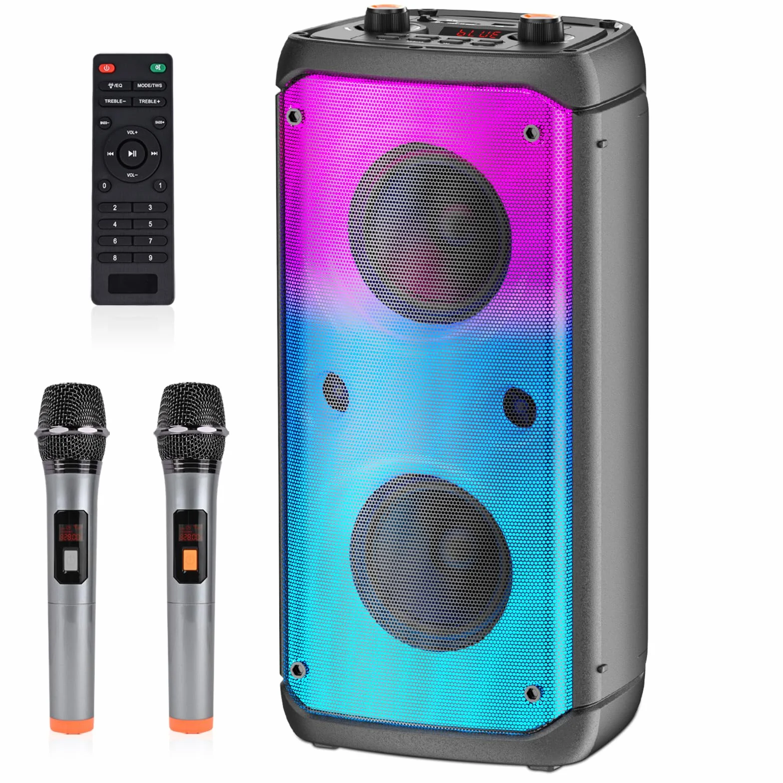 Máquina de Karaoke 2 Micrófonos Inalámbricos, Máquina de Karaoke Portátil para Adultos y Niños, Sistema PA con Luces LED, Altavoz Bluetooth Soporta para Tarjeta TF/USB, Entrada AUX, Rec,TWS