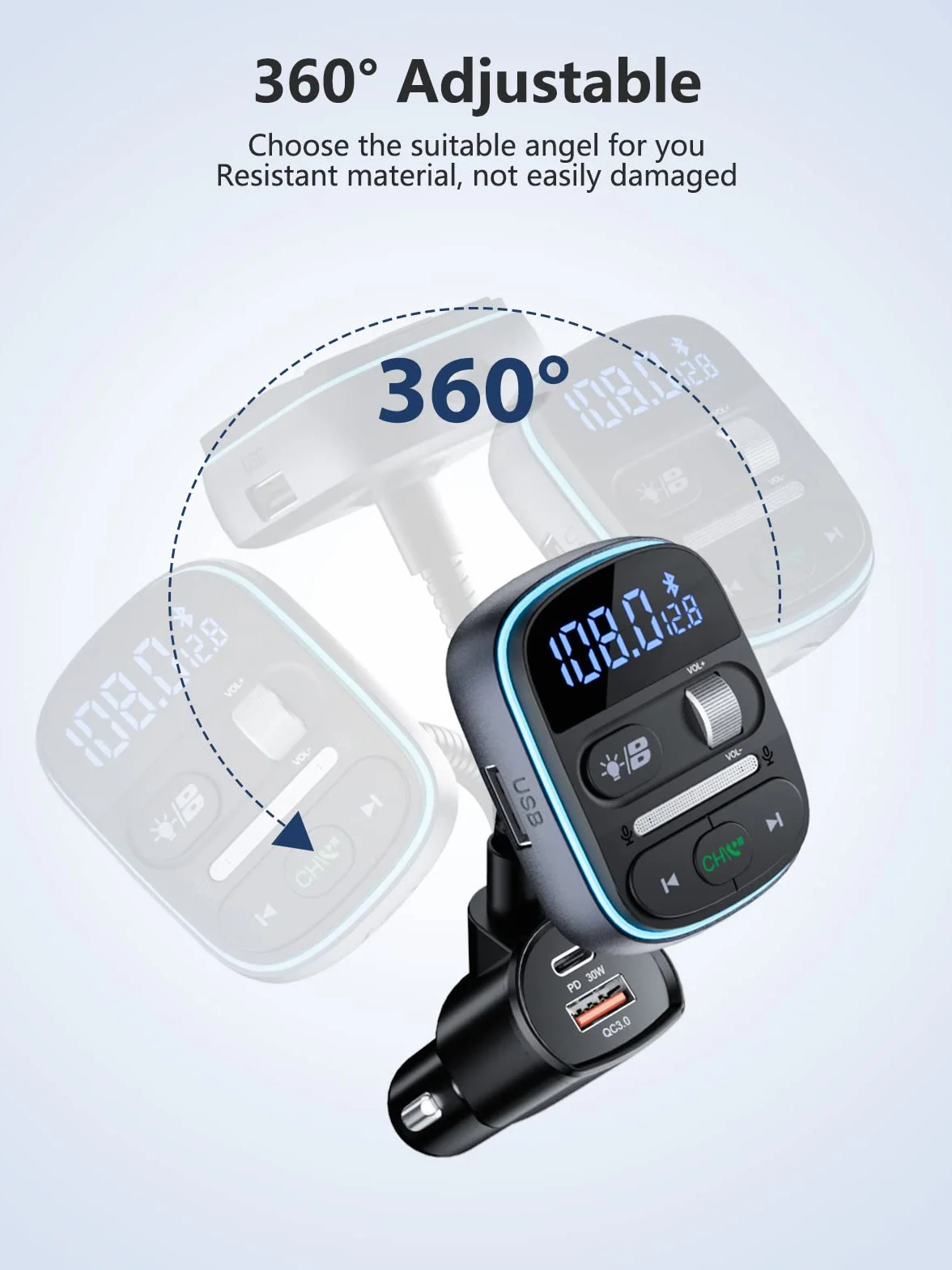 LENCENT Transmisor FM Bluetooth 5.0 para Coche, Adaptador Radio Carga Rápida PD 30W QC3.0, Manos Libres, Reproductor MP3 USB TF