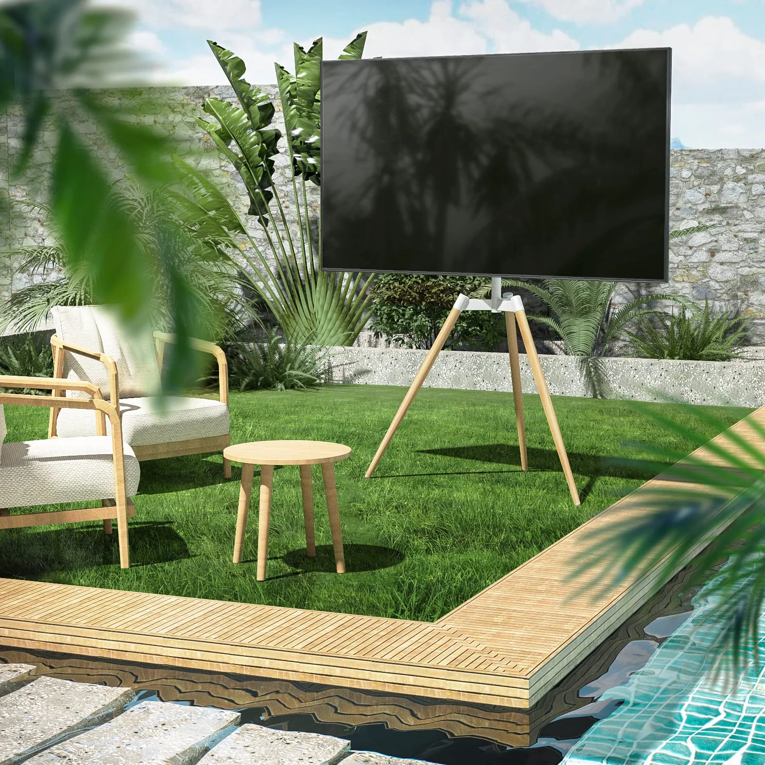 Soporte Television Pie Suelo Trípode - Rfiver Soporte TV Giratorio Madera para 32-65 Pulgadas Televisor - Blanco Alto Altura Ajustable TV Stand con Patas de Madera | MAX Vesa 400 * 400mm 35kg
