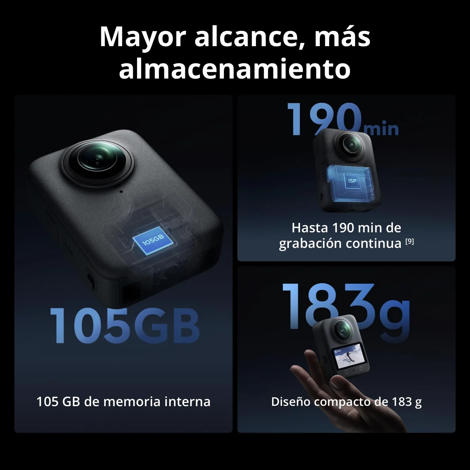 DJI Osmo 360 Cámara 360° 1 Pulgada 8K Nativo 4K/120fps 170° Boost Kit Selfie 1.2m Batería Extendida 2 Baterías