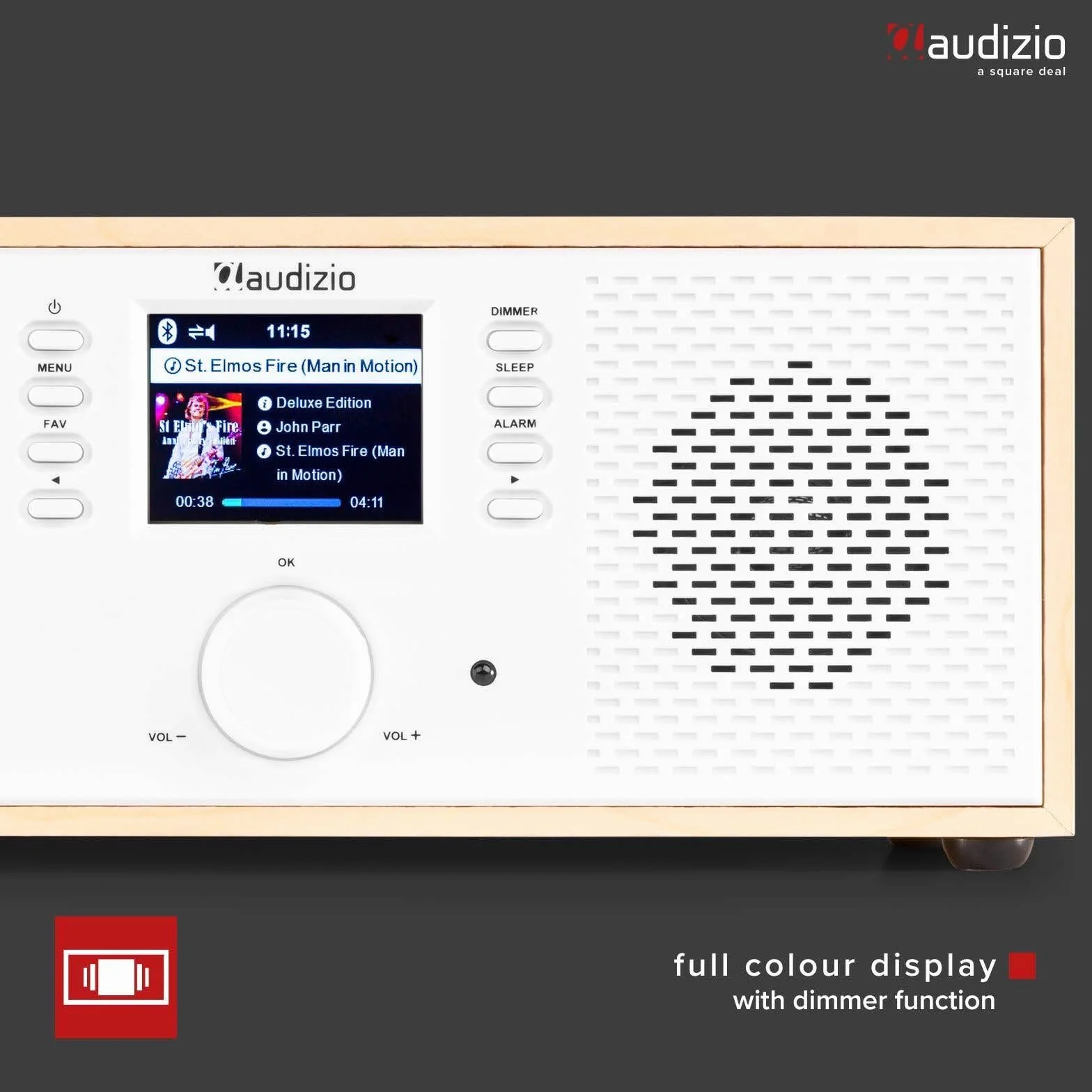 Audizio Rimini - Radio por Internet WiFi con Bluetooth y Spotify Connect, Sonido estéreo de 50W, Salida de Auriculares, Entrada AUX, Ideal para Cocina, salón o Oficina, Acabado Madera Clara y Blanco