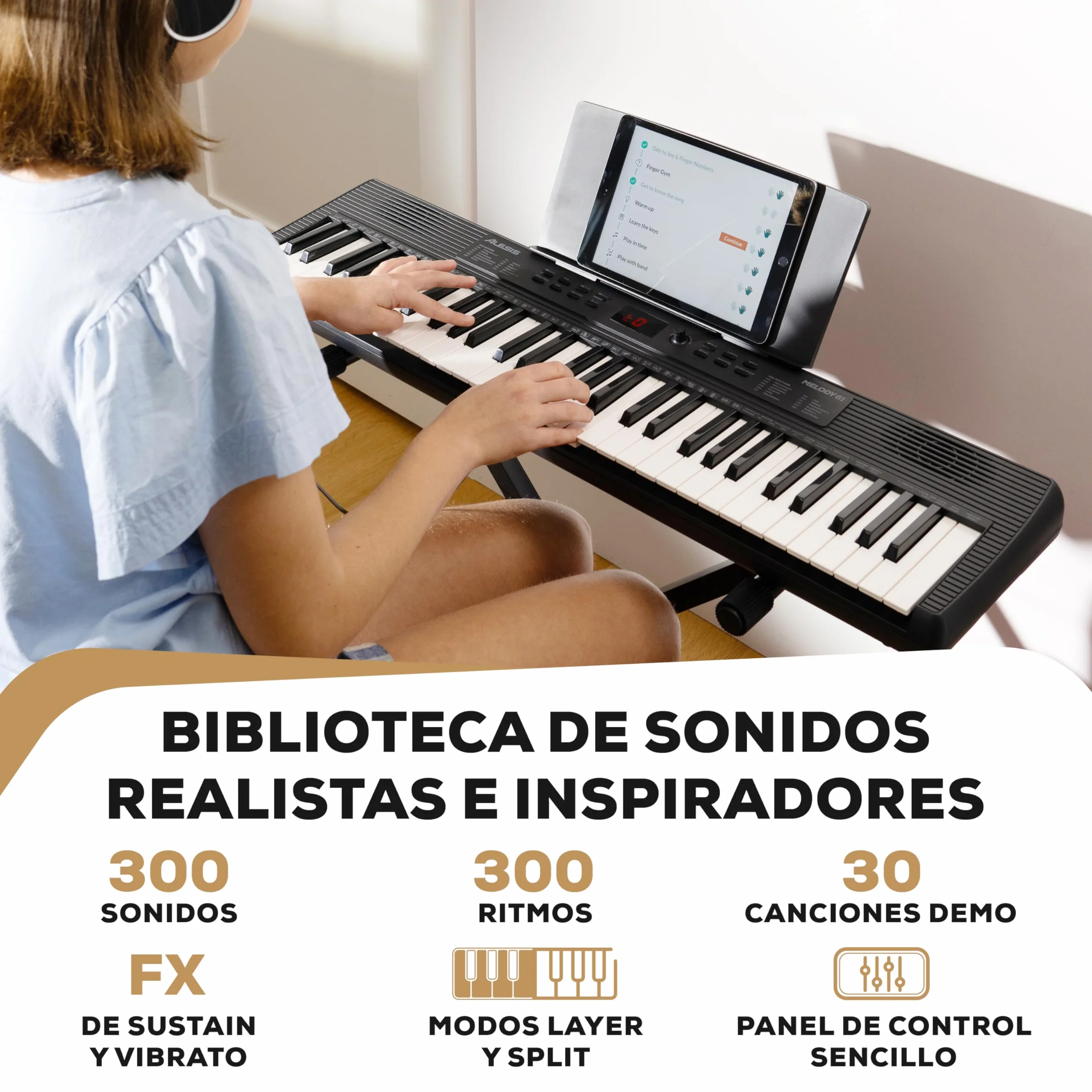 Alesis Melody 61 Teclado Piano Eléctrico para Principiantes con 61 Teclas, Altavoces, Soporte, Banqueta, Auriculares, 300 Sonidos y Lecciones de Música
