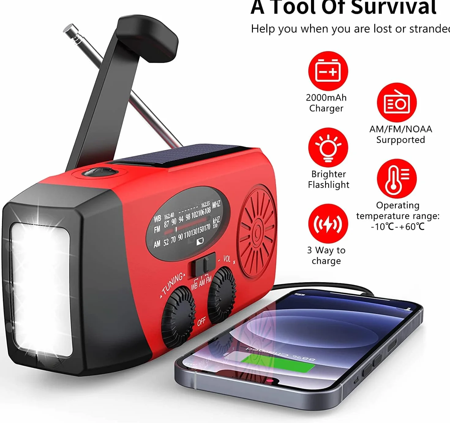 Radio Solar de Emergencia con manivela portátil Dynamo, Radio con Linterna LED, Radio Am/FM,batería de 2000mAh para Carga de teléfono movil,Senderismo,Camping Actividades al Aire Libre,Alarma SOS