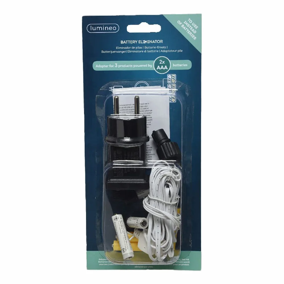 Eliminador de pilas 3V para productos de interior con conexión para 3 dispositivos utilizando 2xAAA, ideal para ahorro energético.