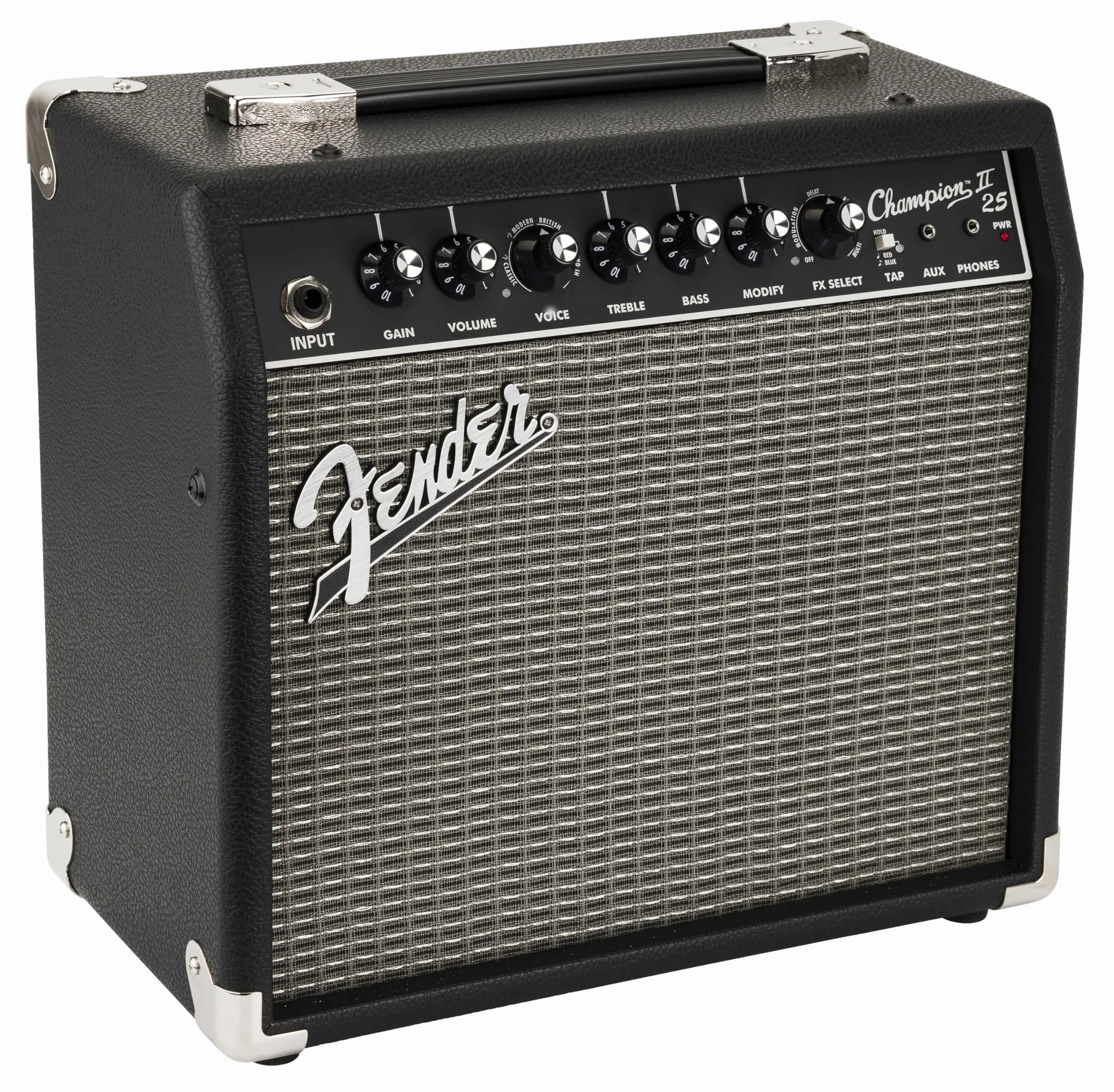 Fender Champion II 25, Amplificador Combo para Guitarra, 25W, Adaptado para Guitarra Eléctrica, Más Potencia, Efectos y Modelos de Amplificador Mejorados, Negro/Plata