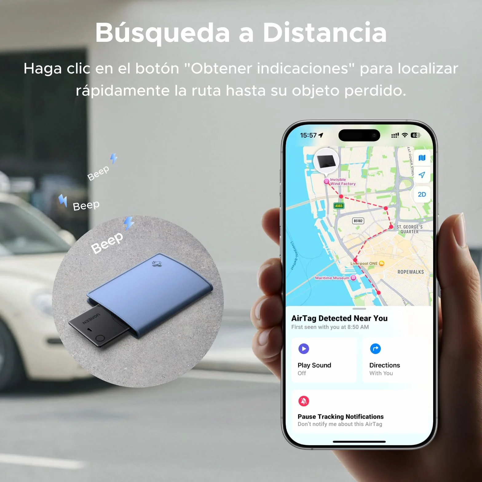 UGREEN FineTrack Slim Finder Tag Carga Inalámbrica Localizador Tracker Bluetooth Compatible con Apple Find My (Solo iOS) Ultra Fino Impermeable IP68 para Cartera Maleta