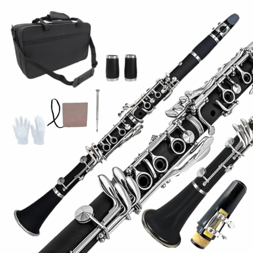 Clarinete Bb para estudiante Madera de Ebonita B Flat 17 teclas Niquelado Clarinete Principiante Set 2 Barriles con Guantes de Paño de Limpieza Instrumento
