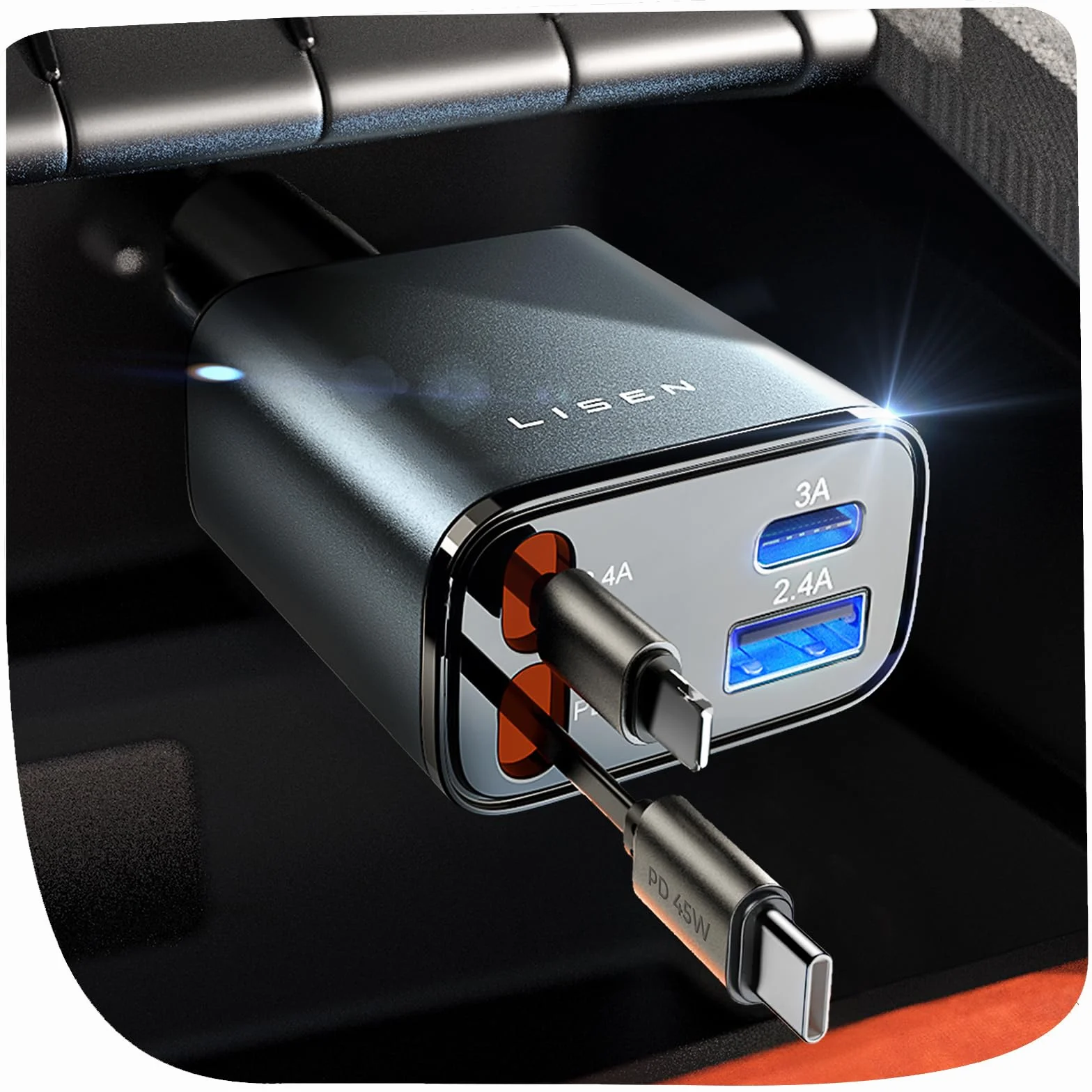 LISEN 84W Cargador Coche Carga Rápida Retráctil USB-C PD45W 12/24V para iPhone 17 13 Xiaomi iPad Tablet Kindle