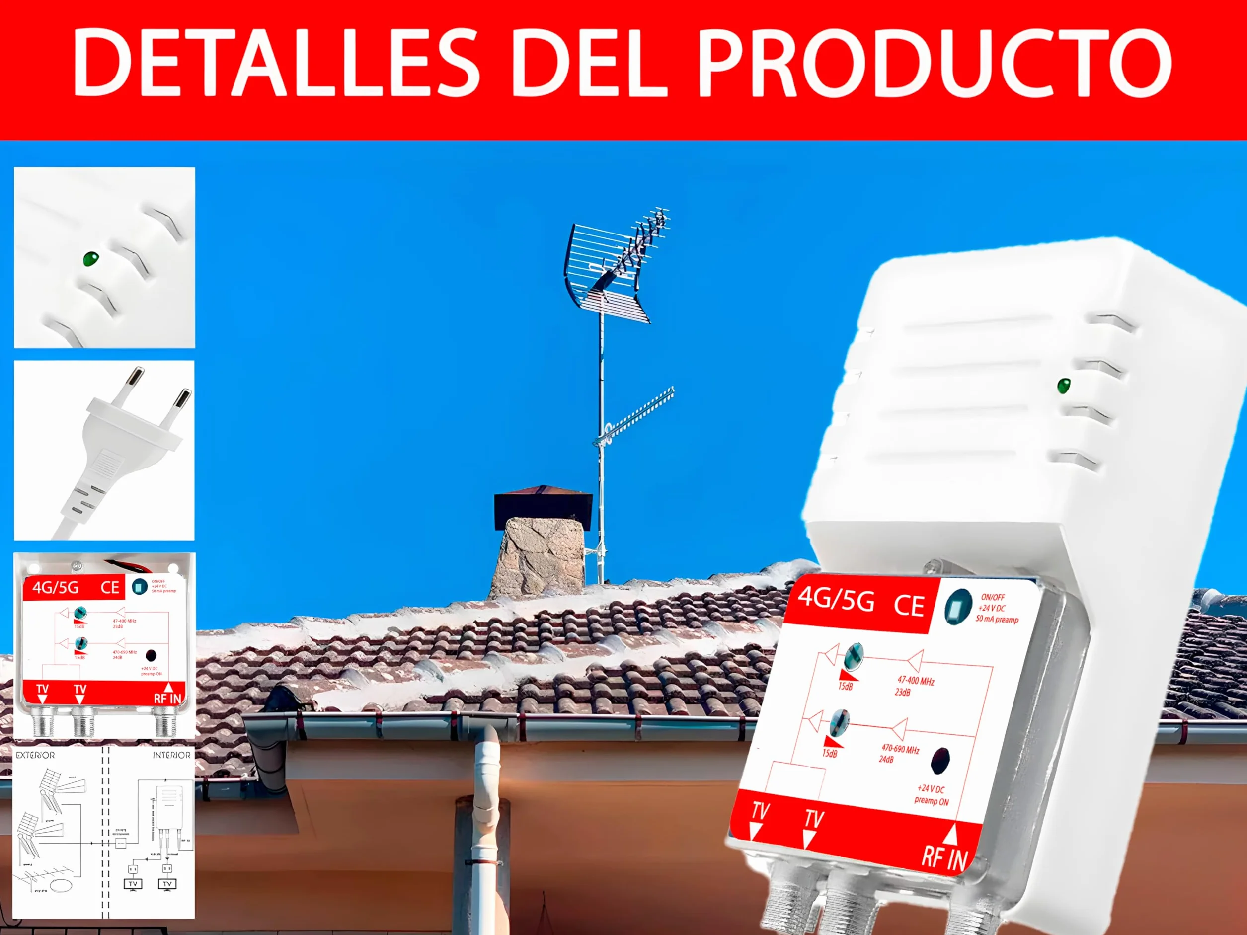 CABLEPELADO - Amplificador Interior de Vivienda UHF/VHF, 12-24db Ajustable, 104dBmV, para Digitale Terrestre DVB-T/T2, con Filtro 5G LTE, 1 Entrada, 2 Salidas