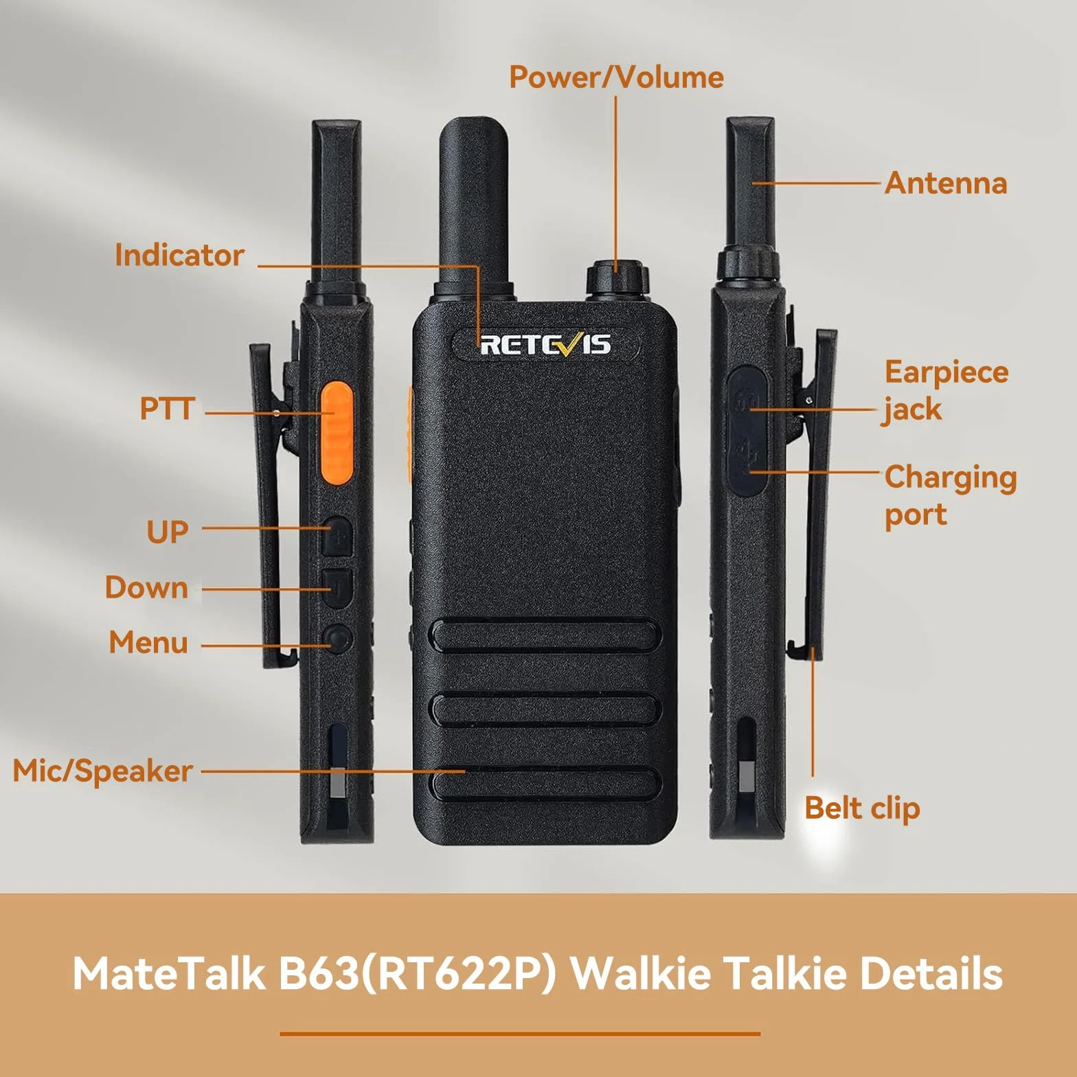 Retevis RT622P Walkie Talkie, 1620mAh PMR446 Mini Walkie Talkie Professional USB-C, Ligero y Compacto, VOX, 15 mm Ultrafino Walkie Talkies Recargable para Camping, Ciclismo, Familia (2 Piezas, Negro)