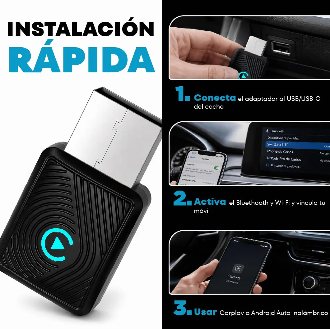 Carplay Inalambrico 2026 Adaptador Android Apple Auto Bluetooth USB Accesorio Coche Electronico Interior sin Cable WiFi con Conexion Estable SwiftLink Lite – Auvra