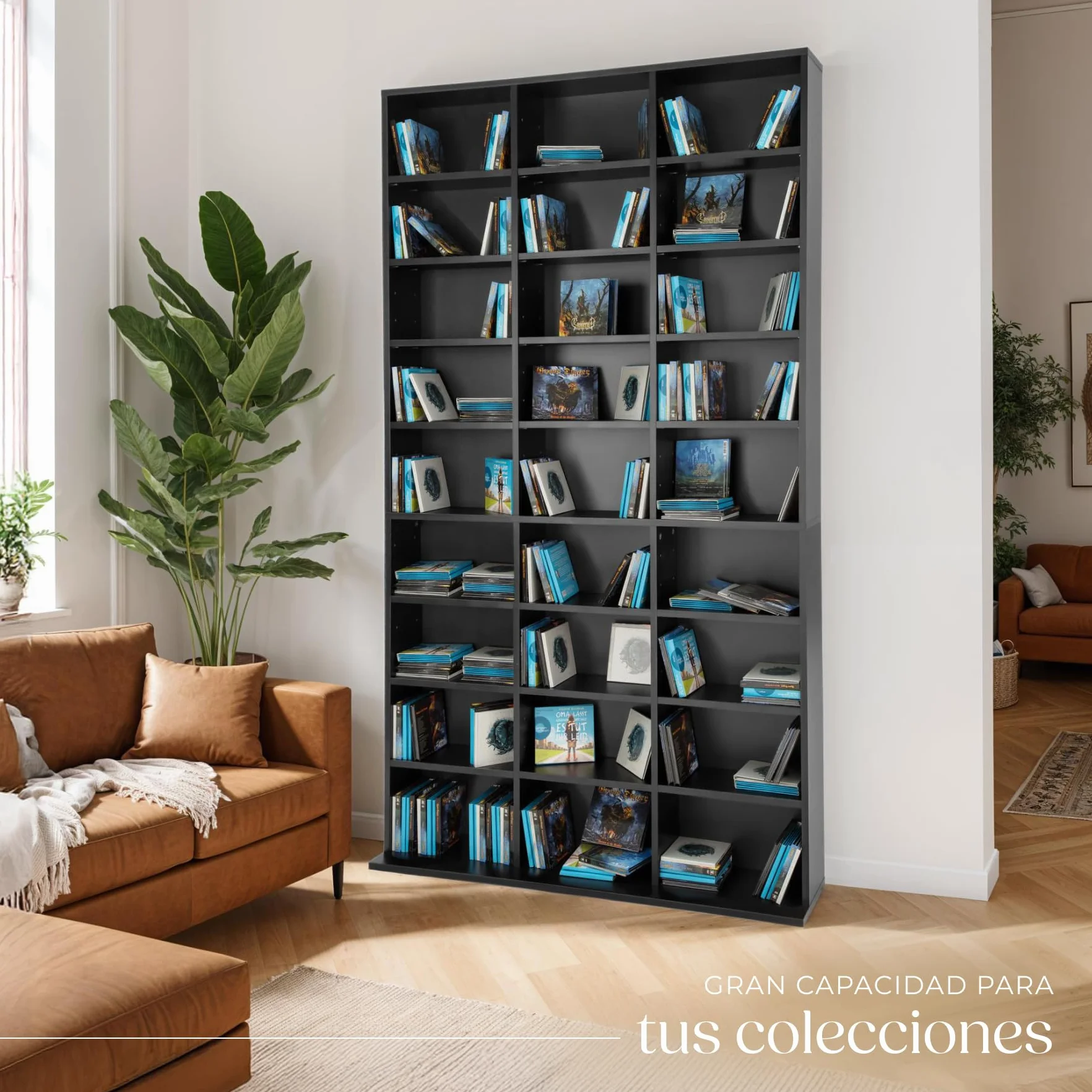 tectake® Estanteria Pared para CD/DVD, Almacenaje 1080 CDs, 27 Estantes, Fácil de Montar, Estable, Madera MDF, Metal, Estanteria Libros, Librería, Estantería de Pared, Mueble de Salon - Negro