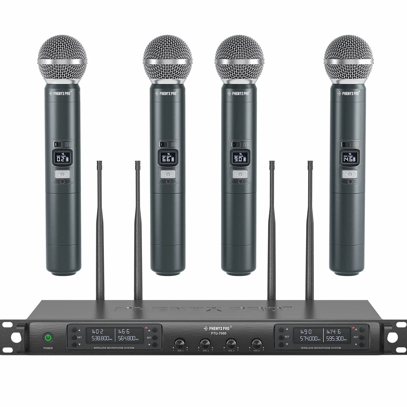 Phenyx Pro Sistema de micrófono inalámbrico Cuatro Canales, con 4x40 Frecuencias UHF, Auto Scan, 328ft de Largo Alcance, 4 micrófono dinámico de Mano para Cantar, Iglesia, Karaoke (PTU-7000-4H)