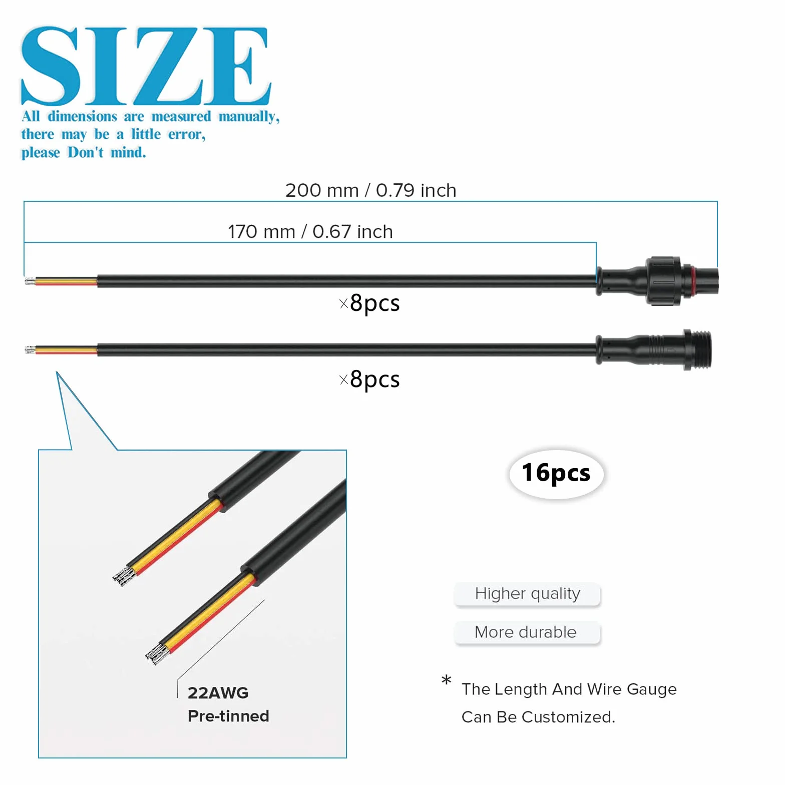 Conectores estancos, 8 Pares de enchufes de 3 Pines, Conectores Impermeables IP65 con Cable de extensión 16AWG 20CM para focos solares, lámparas de jardín, Tiras de luz LED