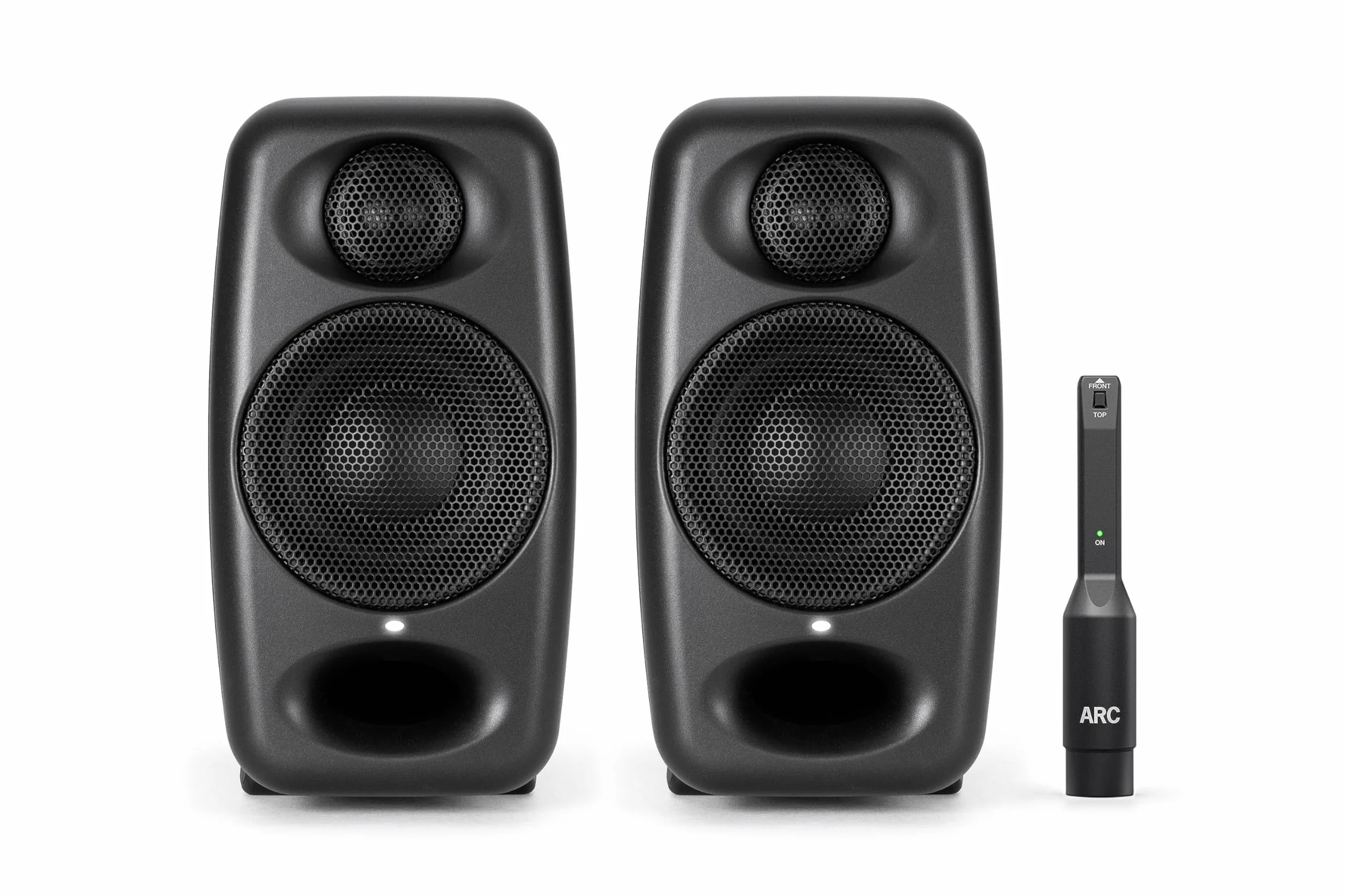 IK Multimedia iLoud Micro Monitor Pro - Par - Monitores de estudio compactos, de 2 vías, biamplificados, altamente portátiles y controlados digitalmente. Incluye micrófono ARC. Color negro.