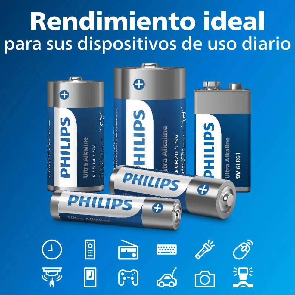 Philips Baterías Alcalinas 6LR61 Ultra 9V, Paquete de 20 para Detectores de Humo y Radios