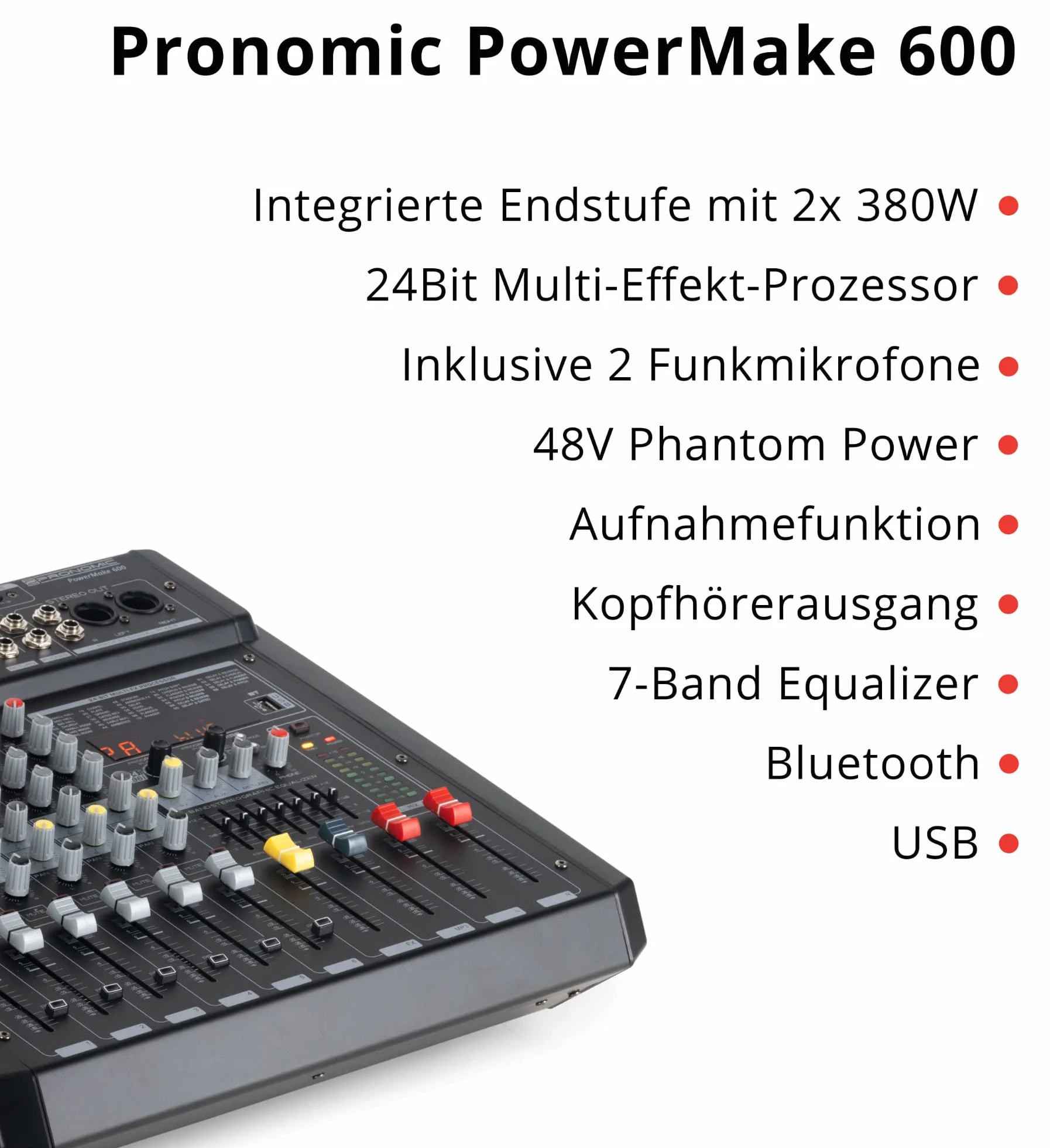 Pronomic Powermake 600 Mezclador 6 Canales con 2 Micrófonos UHF, 760W RMS, Procesador Multi-Efectos 24Bit, Reproductor/Grabador Bluetooth®/USB, Ecualizador Gráfico, Negro.