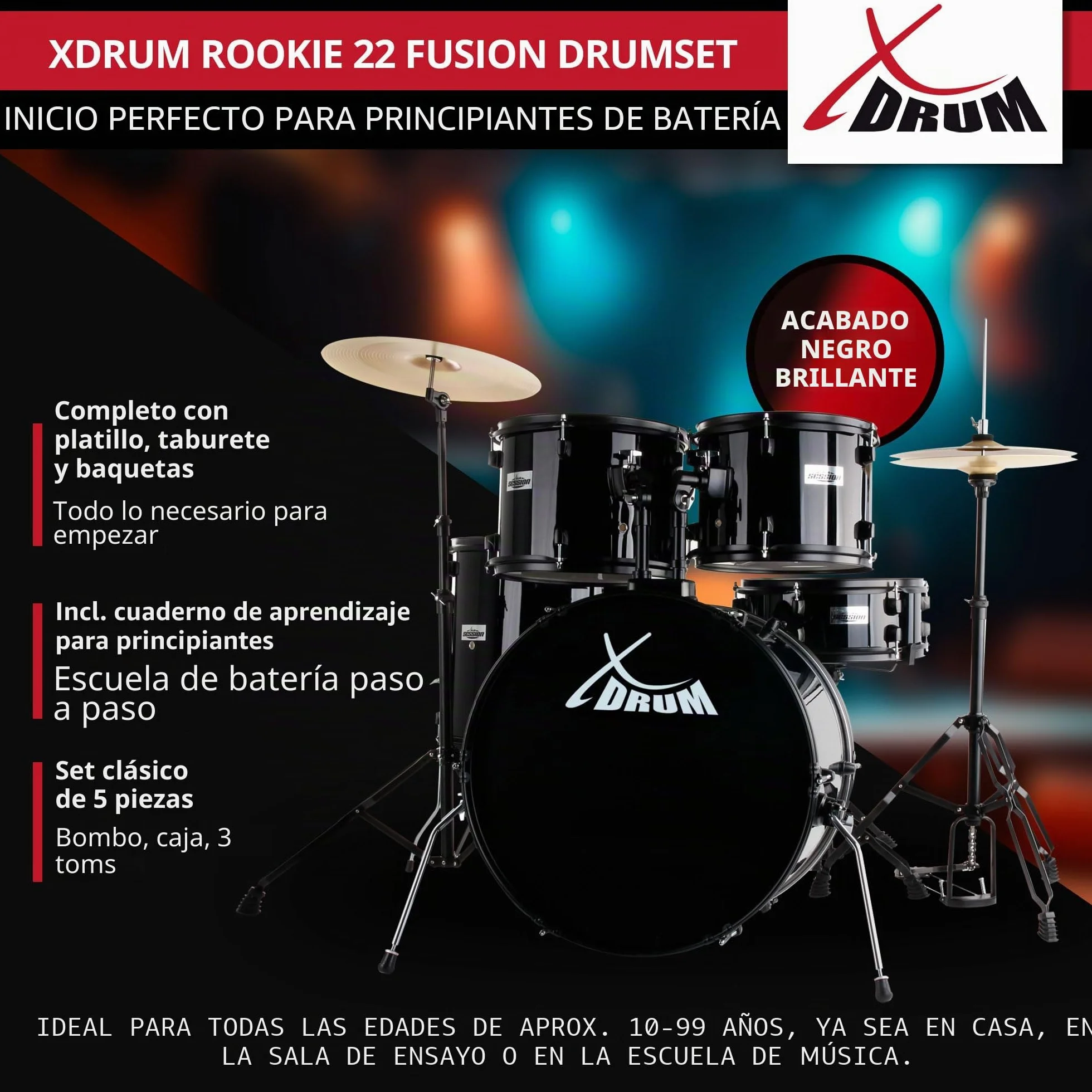 XDrum Rookie 22" Fusion Set Completo de Batería Black - Ideal para Principiantes - Hardware Estilizada en Negro - Incluye Baquetas, Manual de Montaje y Escuela de Batería - Negro