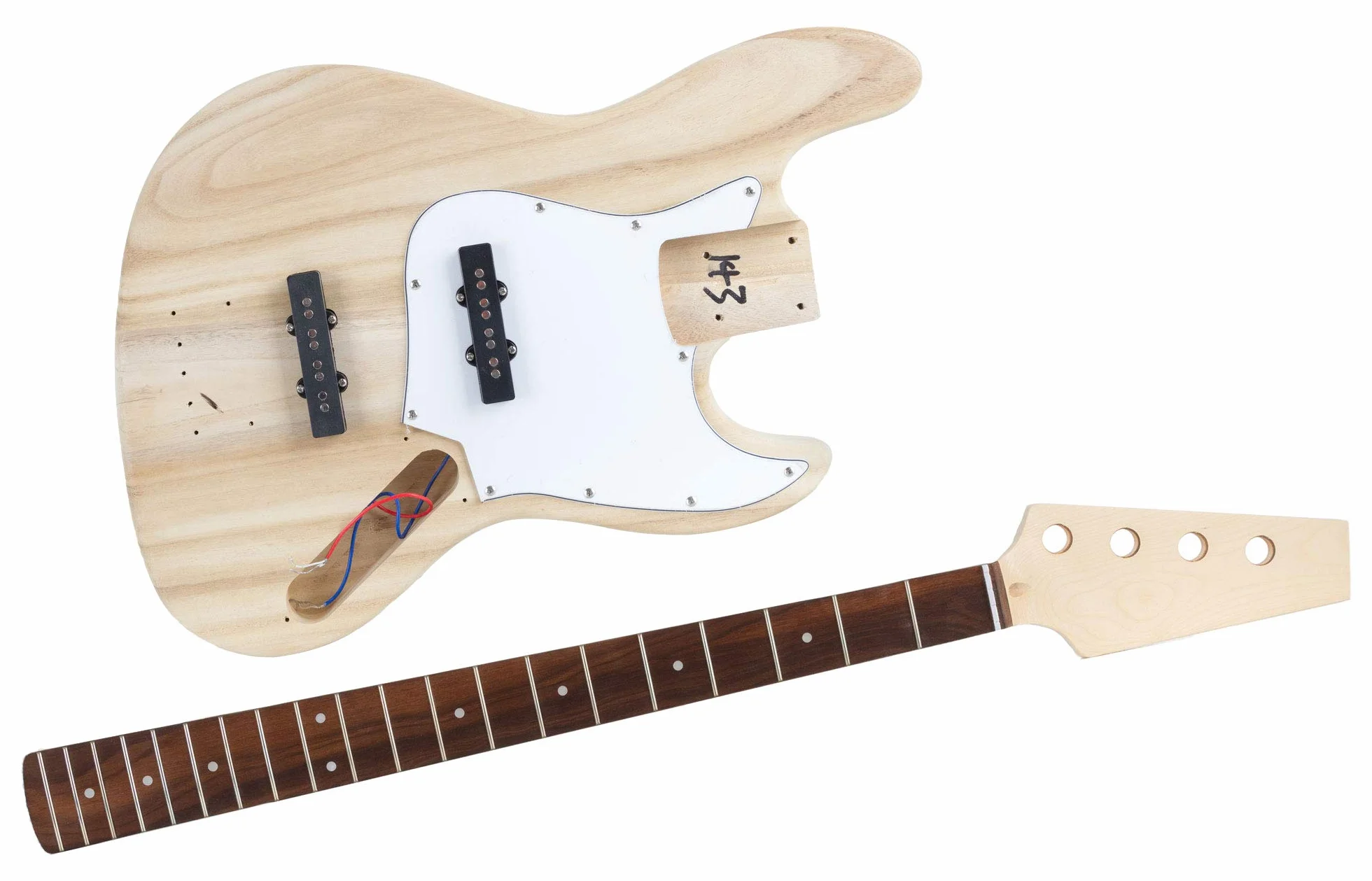Rocktile Kit De Bajo Eléctrico JB-Style - Construye Tu Propio Bajo Eléctrico DIY en Diseño Clásico JB, 2x single coil, mástil atornillado, cuerpo sin tratar para lacar