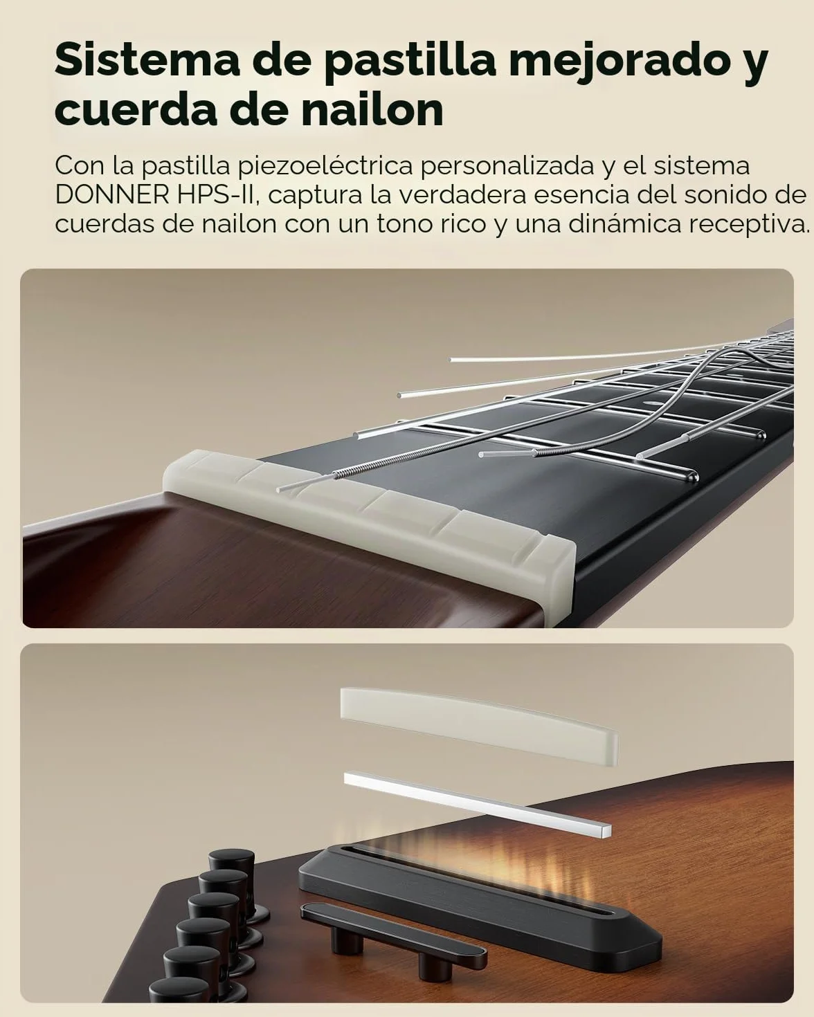 Donner HUSH-C Guitarra de Viaje con Cuerdas de Nylon, Guitarra Electroacústica Portátil, Ultraligera para Práctica Silenciosa con Auriculares, Afinador Integrado y Funda, Sunburst